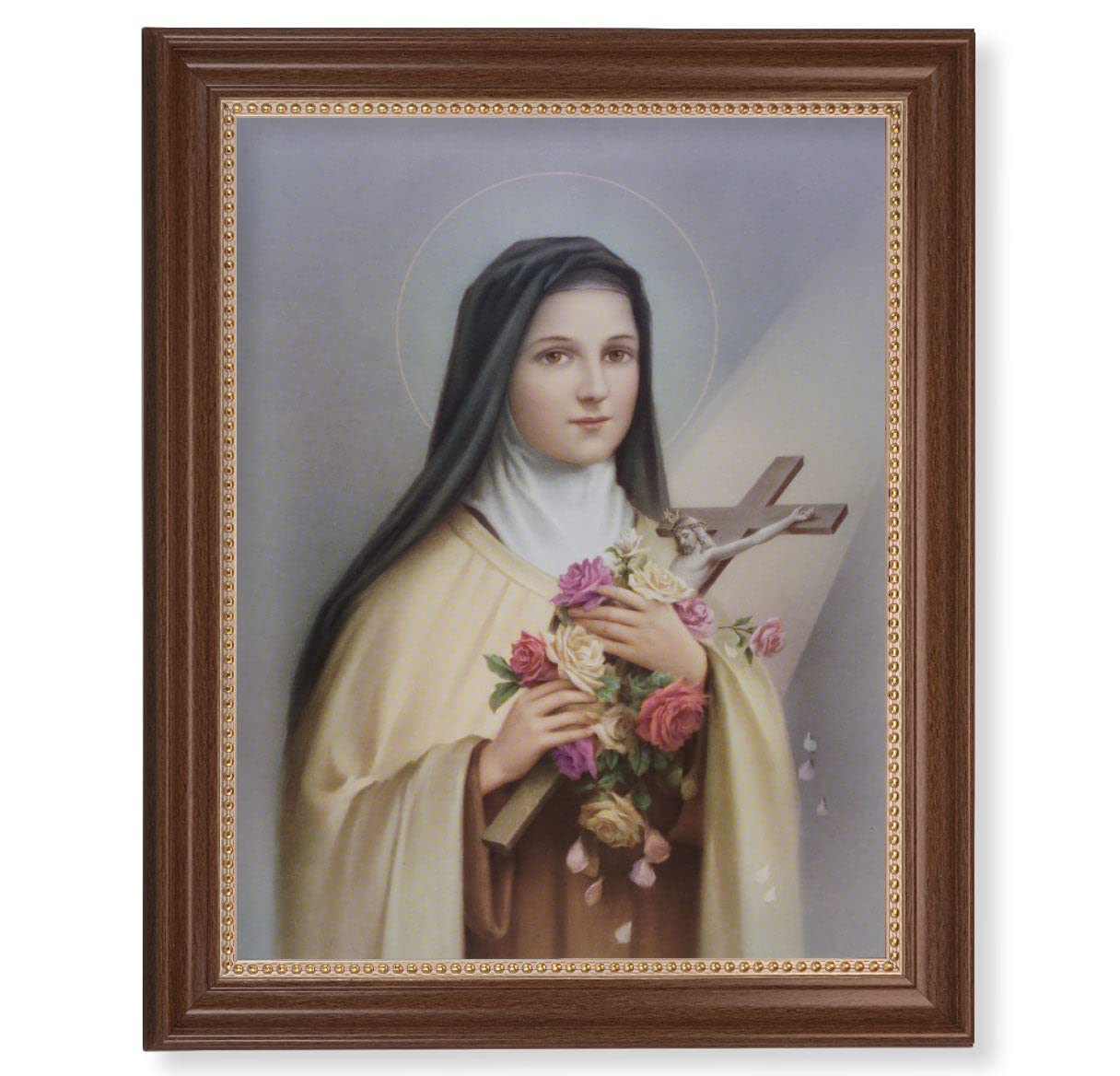 St. Therese Framed Wall Art - Extra Large Classic Dark Walnut Finish with Gold Beaded Edge - Perfect for Home, Office & Church Decor