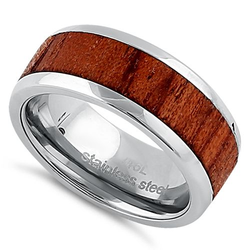 8mm Stainless Steel Wooden Inlay Band Ring for Men - Durable & Stylish Wedding, Engagement, or Fashion Jewelry Gift