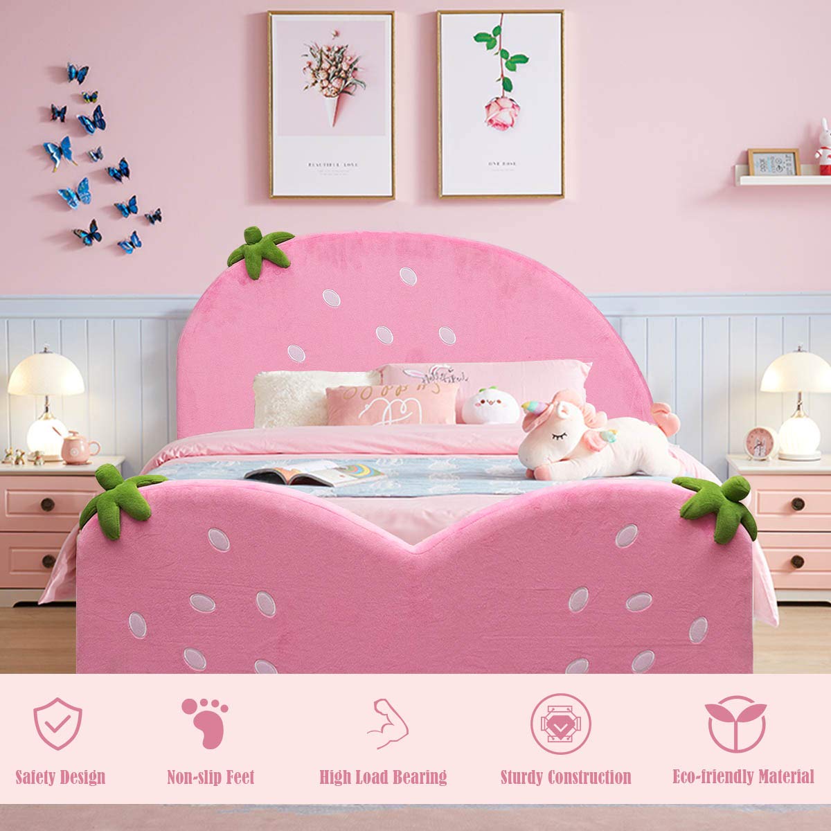 Costzon Twin Bed Frame for Kids - Wooden Upholstered Platform Bed with Slat Support, Padded Headboard & Footboard | No Box Spring Needed | Easy Assembly | Fits Standard Twin Mattress (Strawberry Red) | Perfect for Kids' Bedrooms, Dorm Rooms & Guest Rooms