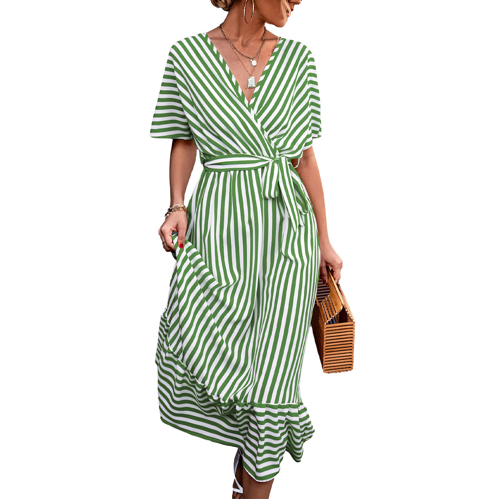 Pantete Women's V-Neck Striped Midi Dress - Short Sleeve Tie Waist Loose Fit Summer Casual Dress for Work, Date Night & Vacation