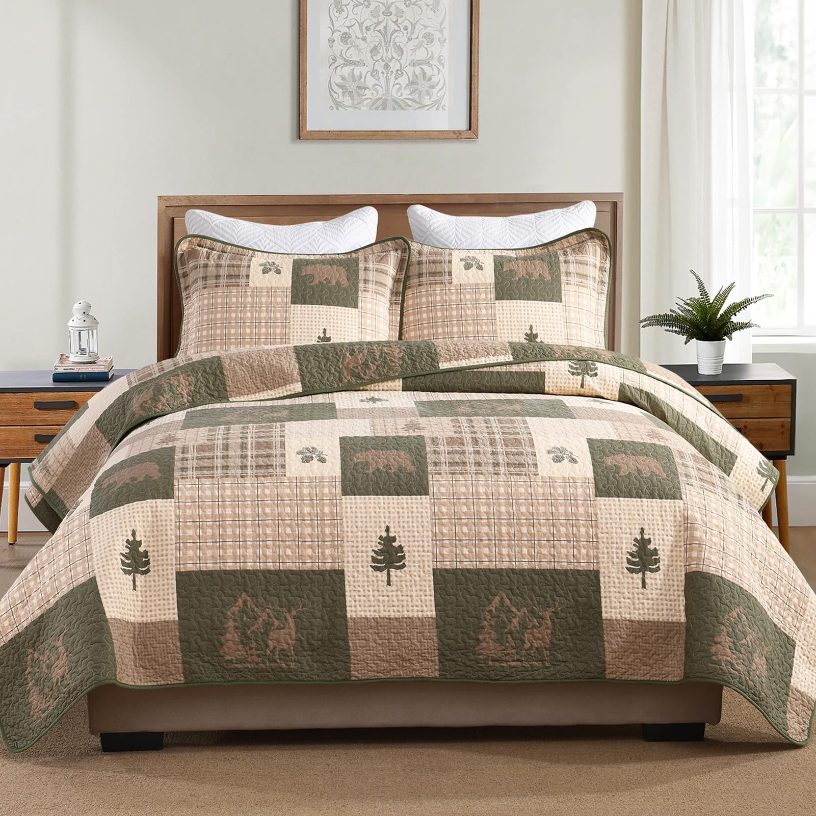 SahSahCasa 100% Cotton Queen Size Quilt Set - Reversible Farmhouse Rustic Lodge Bedspread, Lightweight Comforter for Queen Bed (3-Piece, Beige/Grayish Green/Brown) - Perfect for Cabin, Bedroom & Cozy Farmhouse Decor