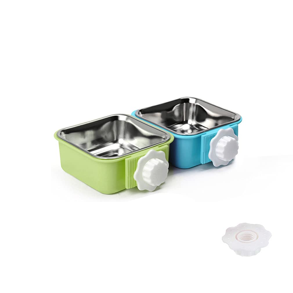 Stainless Steel Crate Dog Bowl - Removable Pet Feeder for Crate & Cage - Food & Water Dish for Dogs, Cats, Puppies, Birds, Rabbits - Secure Bolt Holder - Large Square Bowl (Blue & Green) - Perfect for Travel, Kennels & Small Animal Care
