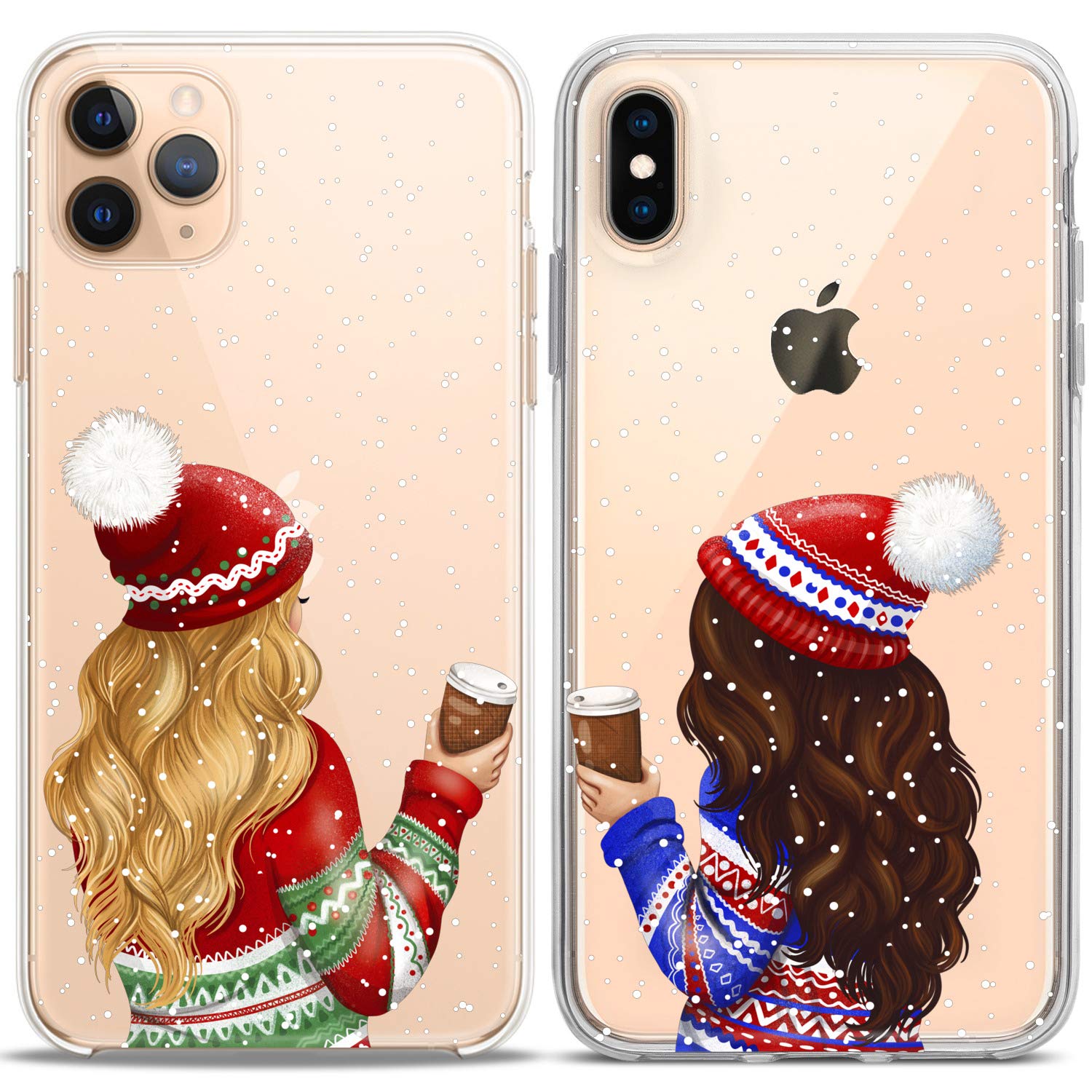 Matching Couple Phone Cases Compatible with iPhone 16/15/14/13/12/11 Pro Max/Mini/XS/X/6s/8 Plus/7/Xr/10/SE/5 - Clear Flexible Slim Cover with Coffee Girly Winter Snowy Christmas Cute Design - Perfect Gift for Couples, Anniversaries & Holidays