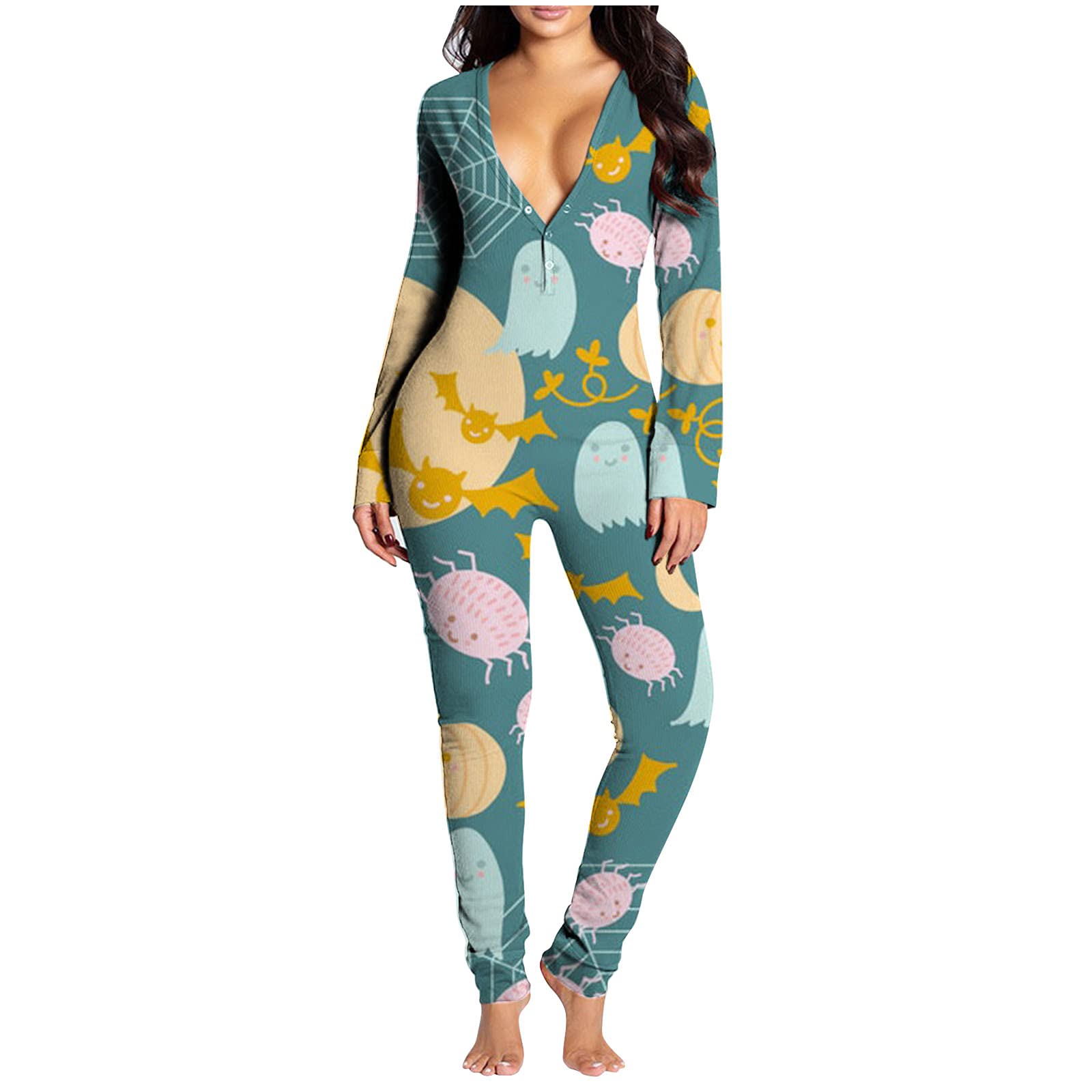 LING LANG Women's Button Down Jumpsuit - Halloween Print Romper with Functional Buttoned Flap - Casual Outfit & Sleepwear for Women - Perfect for Halloween Costume, Pajama Party & Lounge Wear