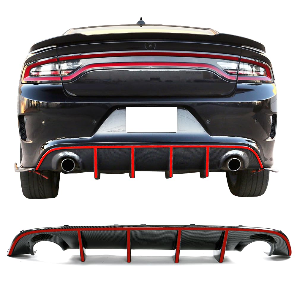 IKON MOTORSPORTS Bumper Lip Spoiler for 2015-2023 Dodge Charger SRT - Factory Style Rear Diffuser with Red Reflective Tape - Upgrade Your Ride's Aerodynamics & Style for Street Racing & Car Shows