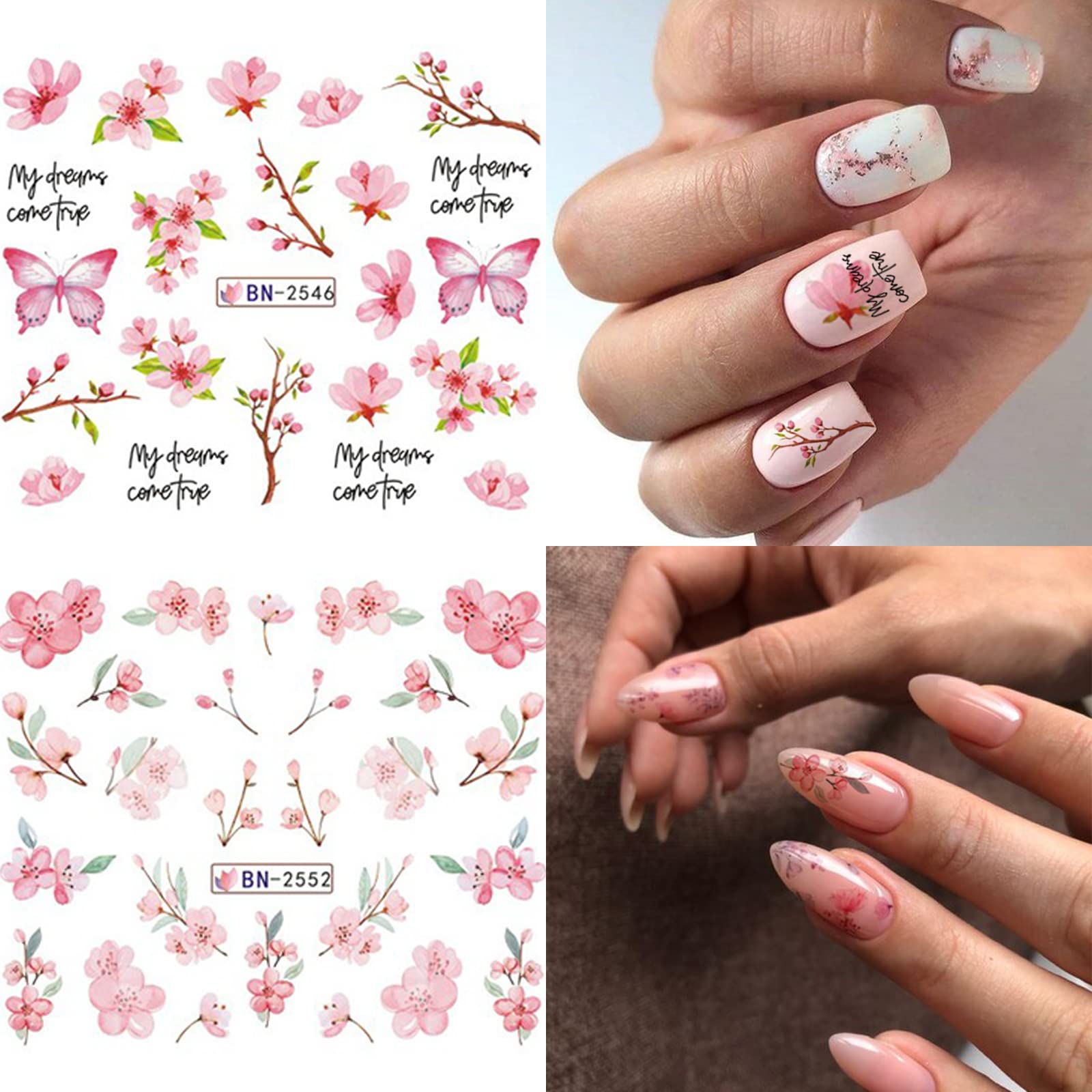 12 Sheets Spring Floral Nail Art Stickers - Pink Peach Blossom & Cherry Blossom Water Transfer Nail Decals for Women | DIY Nail Decorations for Parties, Weddings & Everyday Manicures