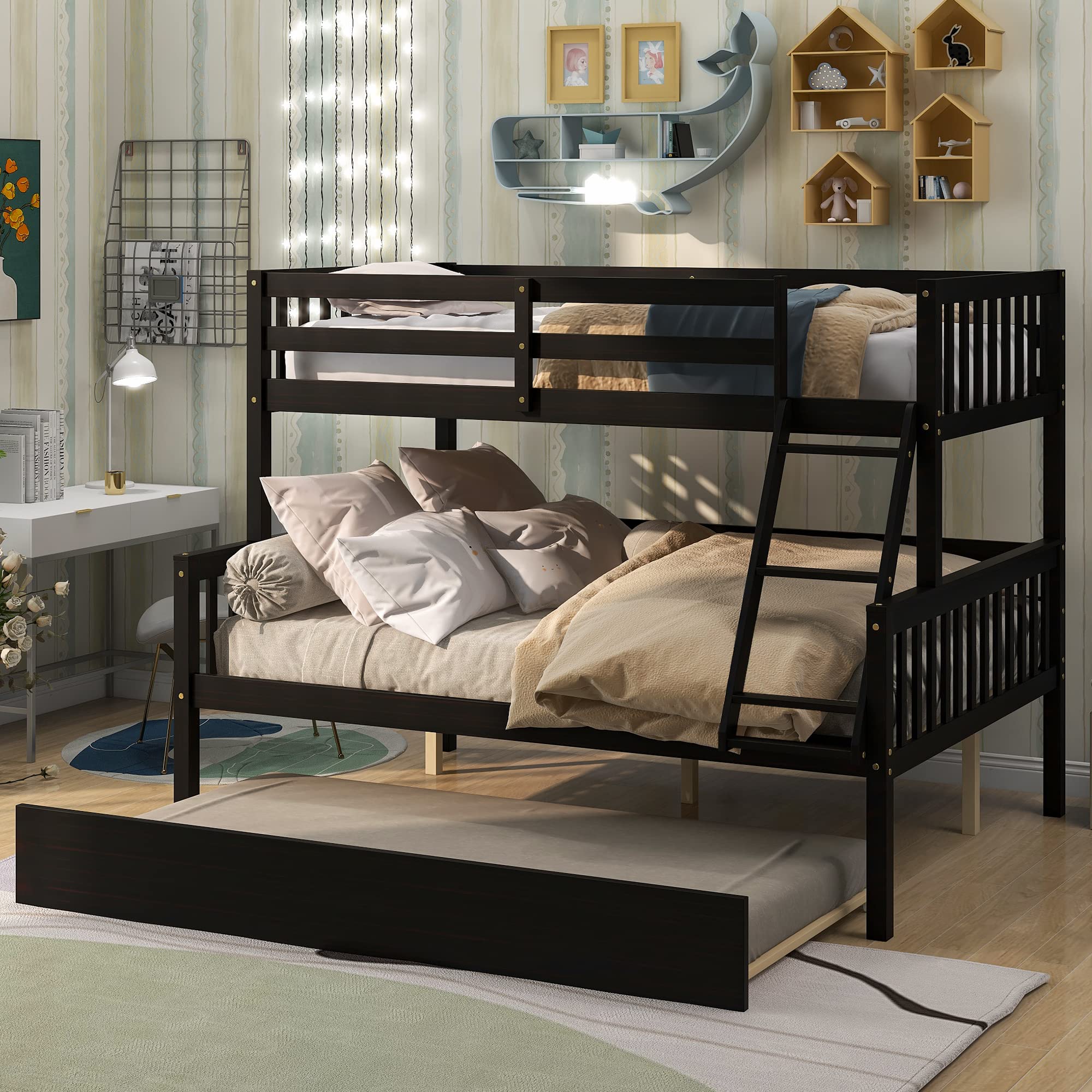 Olela Twin Over Full Bunk Bed with Trundle - Space-Saving Loft Bed for Kids & Teens, No Box Spring Required, Espresso Finish - Perfect for Small Bedrooms, Guest Rooms & Dorm Rooms