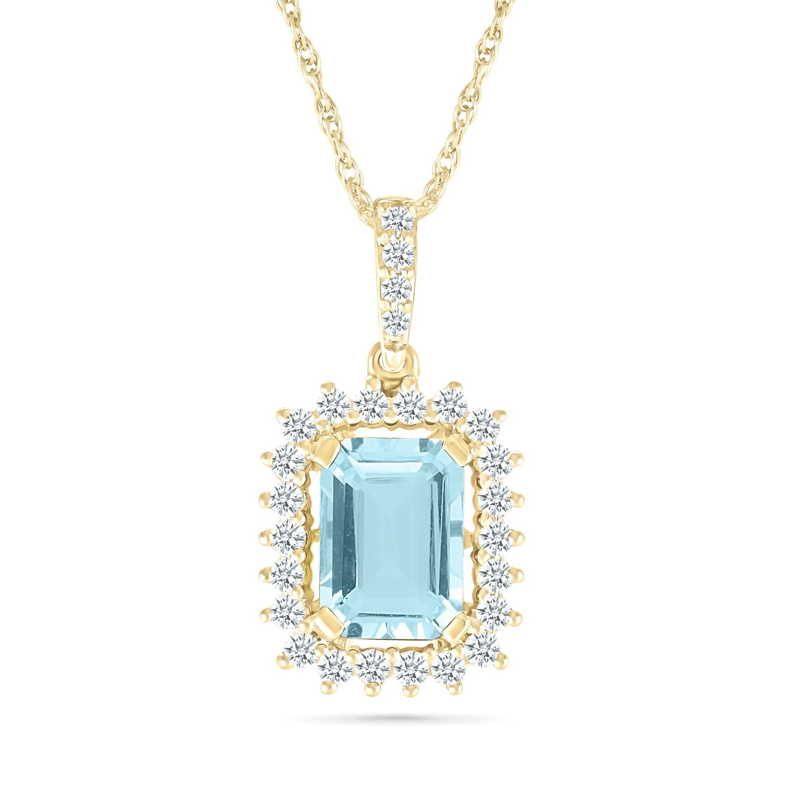 10k Yellow Gold Aquamarine Pendant with White Sapphire Halo - Elegant Birthstone Jewelry for Women, Perfect Gift for Anniversary, Birthday & Mother's Day