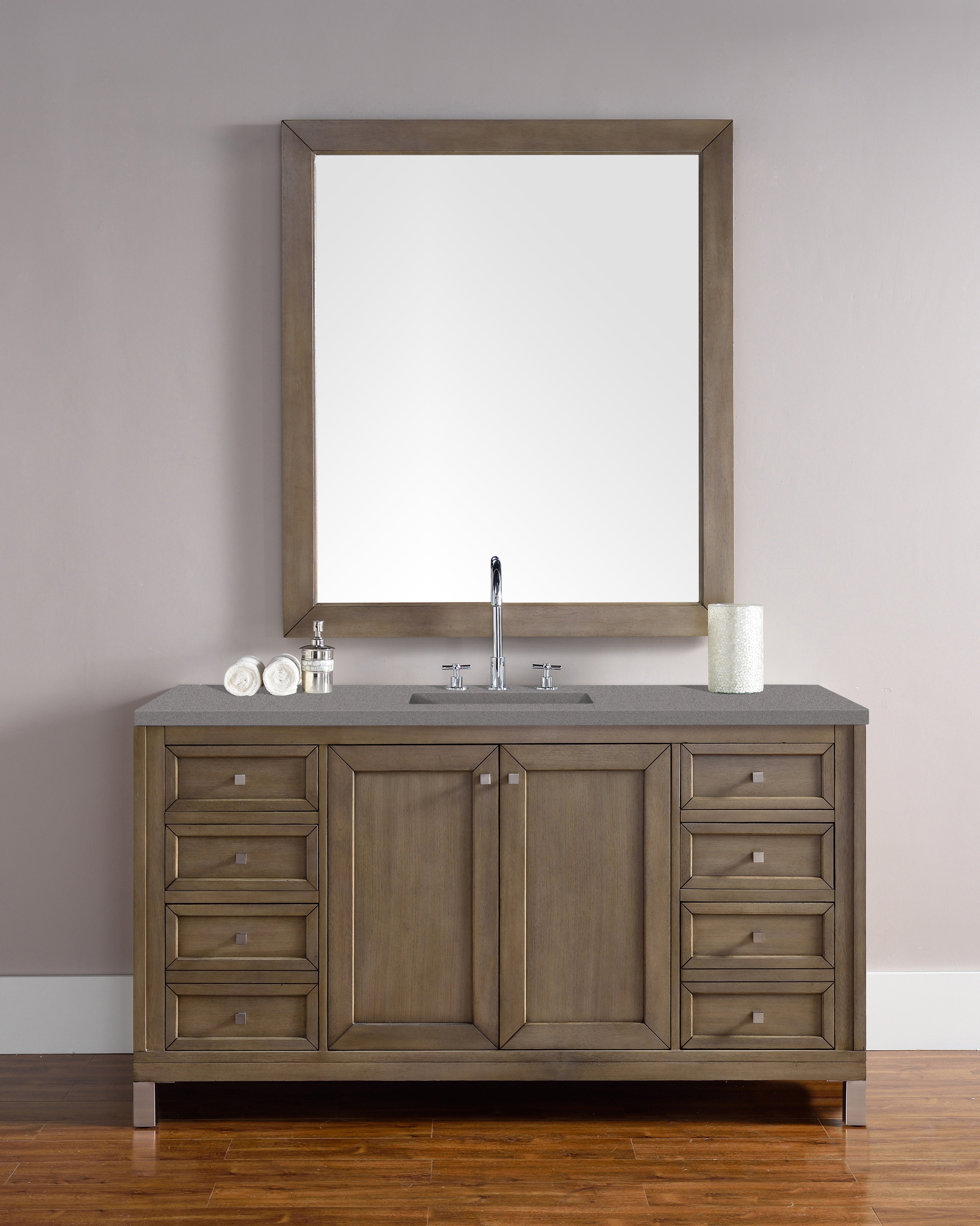 Chicago 60 Inch Single Bathroom Vanity Set - Whitewashed Walnut with 3CM Gray Expo Quartz Countertop | Modern Bathroom Storage Solution for Small Spaces & Powder Rooms