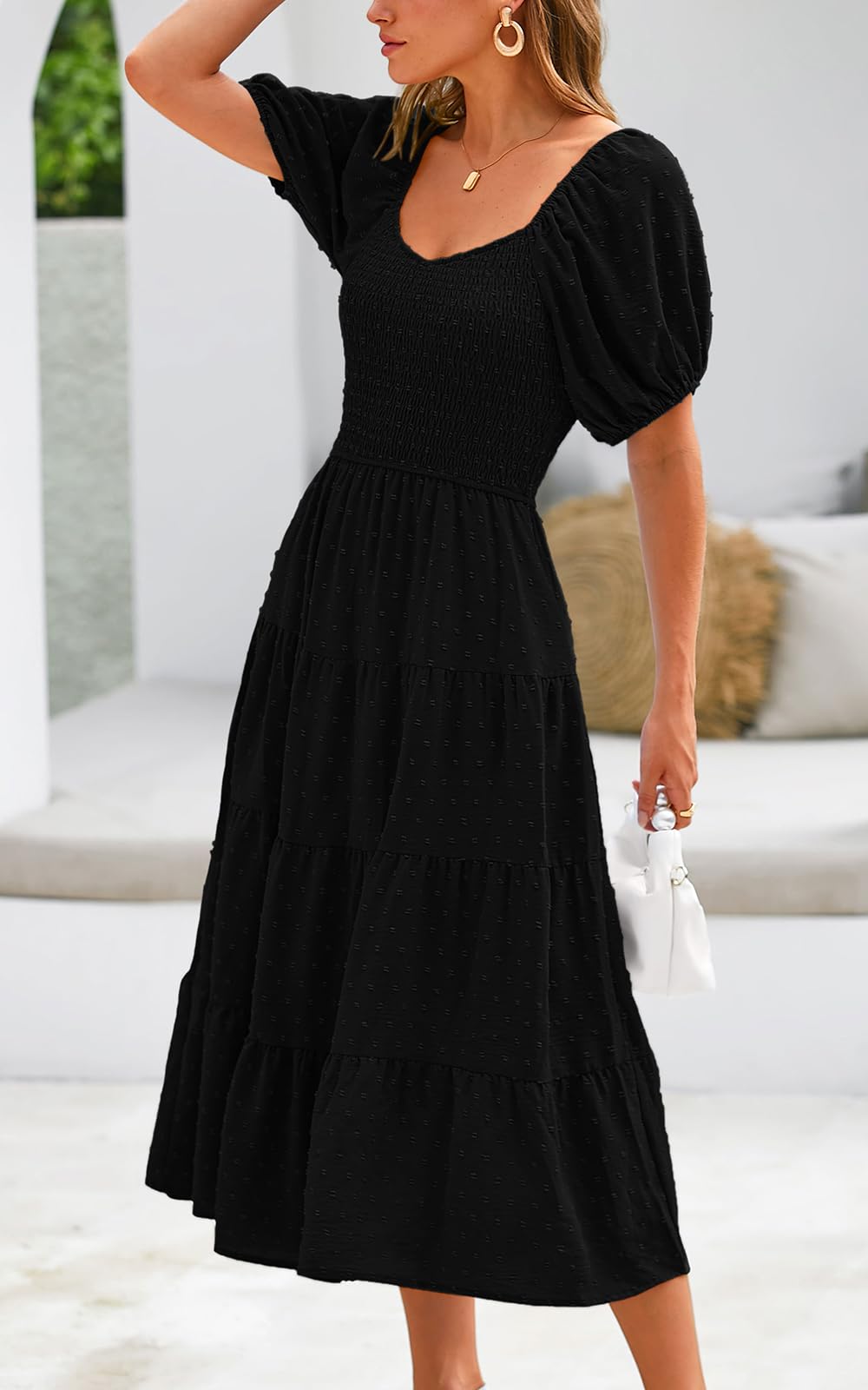 PRETTYGARDEN Women's Floral Chiffon Maxi Dress with Puff Sleeves & V-Neck - Swiss Dot High Waist Tiered Smocked Summer Dress for Beach, Wedding, Party & Vacation 2025 Fashion Trends