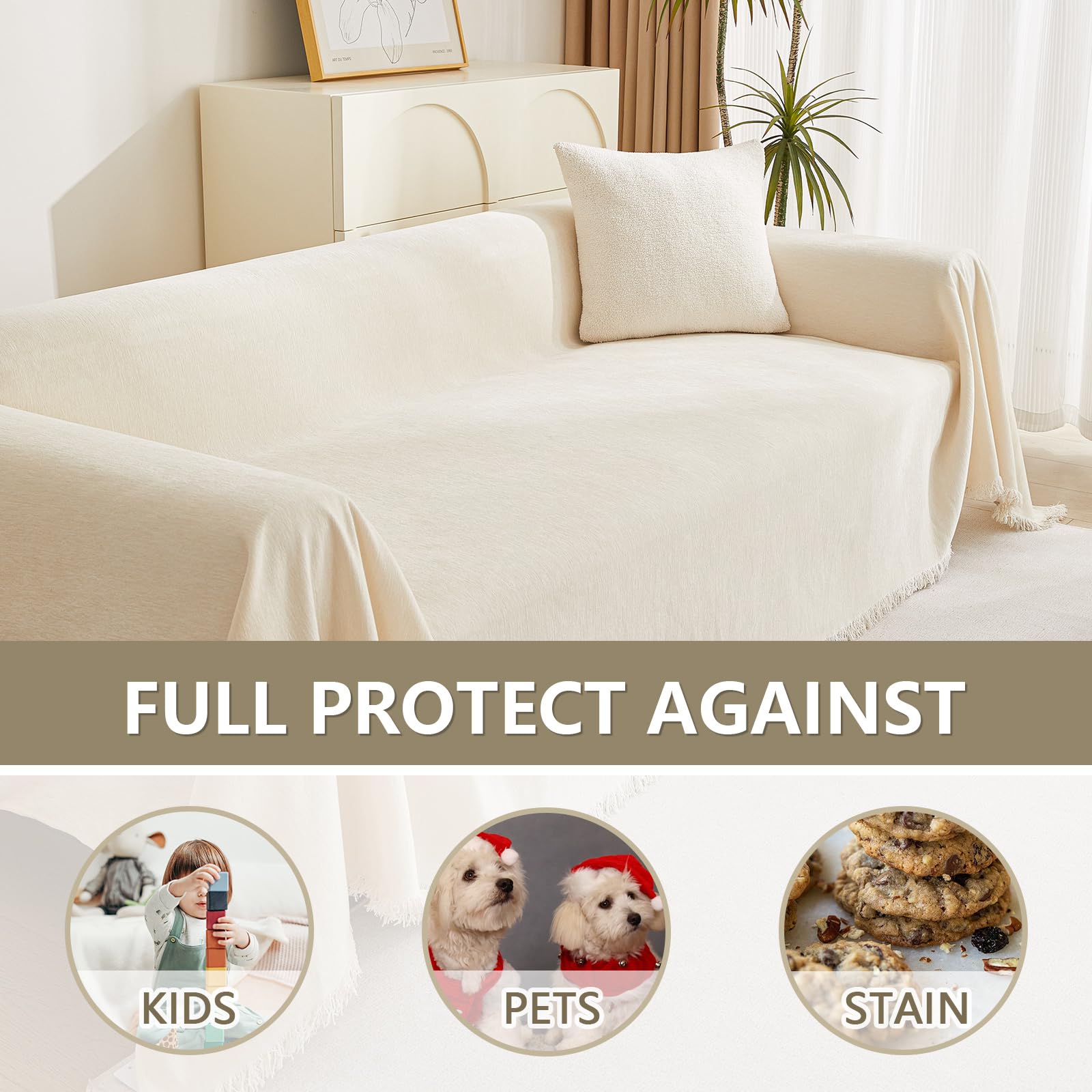 Boho Chenille Sofa Cover for 2-Cushion Sectional Couches - Washable L-Shape Couch Cover with Tassels (71
