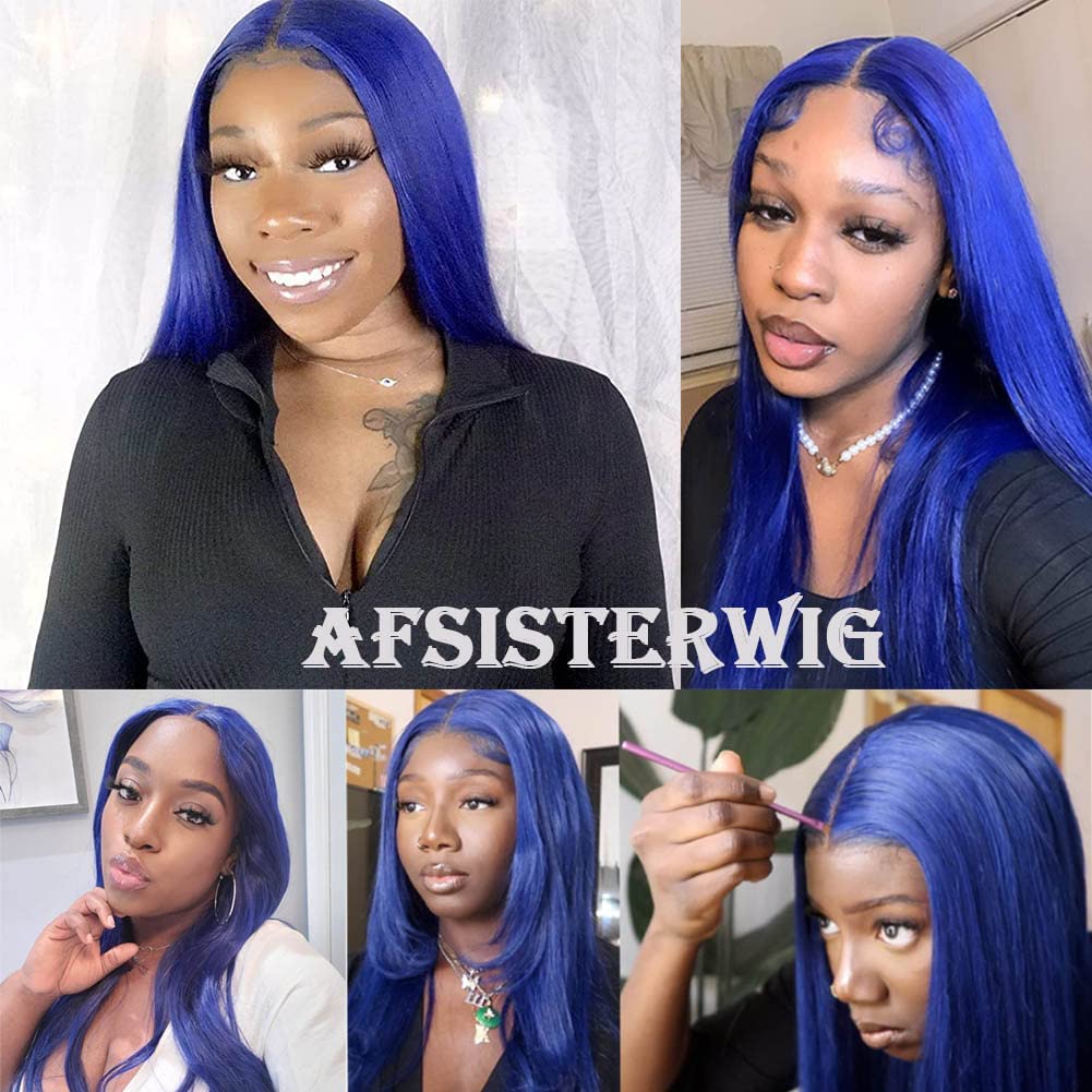 13x4 Lace Front Wig Brazilian Remy Human Hair - Blue Silky Straight 150% Density Pre Plucked Glueless Wig with Natural Hairline for Women (20 Inch) | Perfect for Cosplay, Daily Wear & Special Occasions