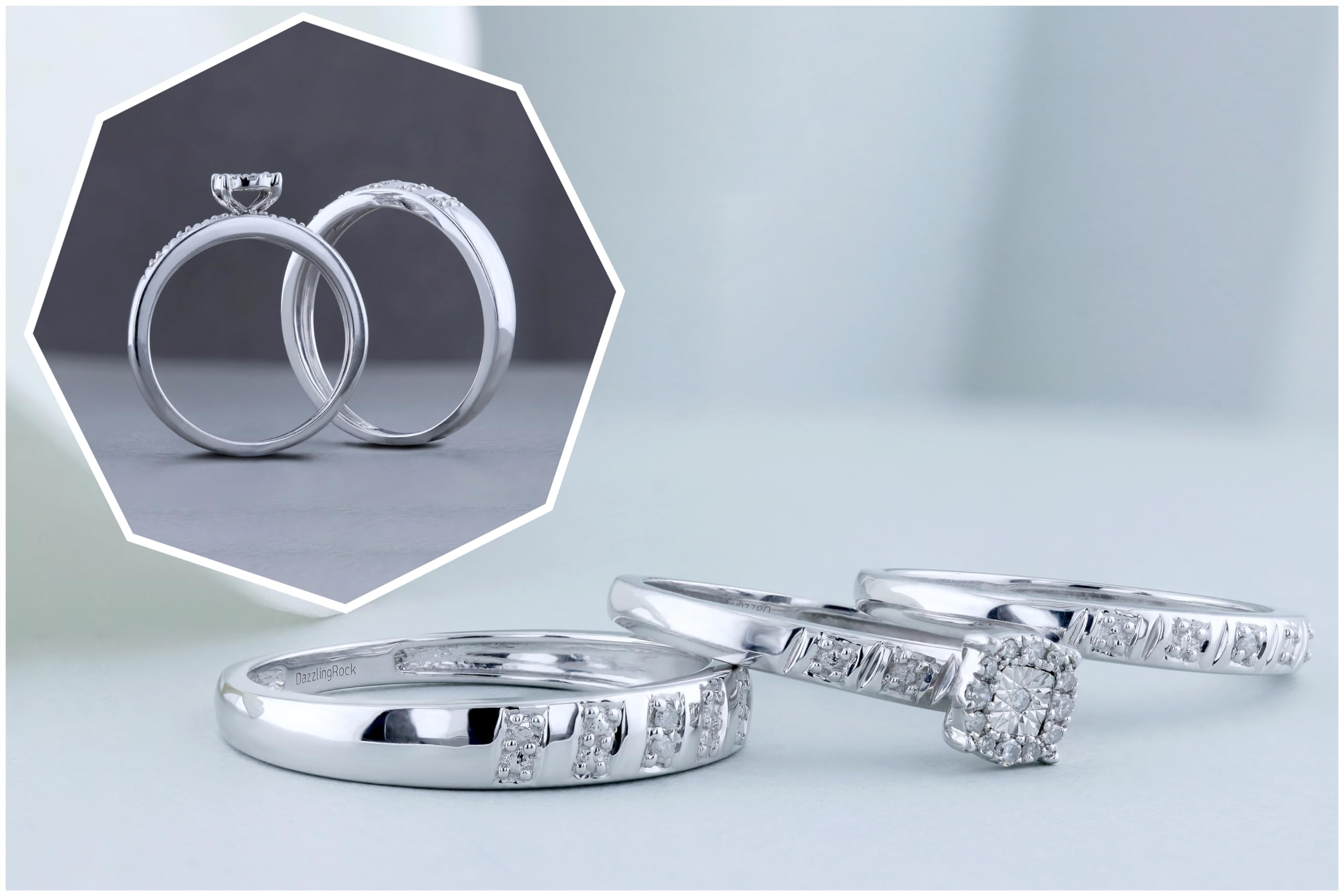 Dazzlingrock 0.10ct Round White Diamond Halo Illusion Wedding Ring Set for Men & Women - 925 Sterling Silver Engagement & Anniversary Jewelry Gift