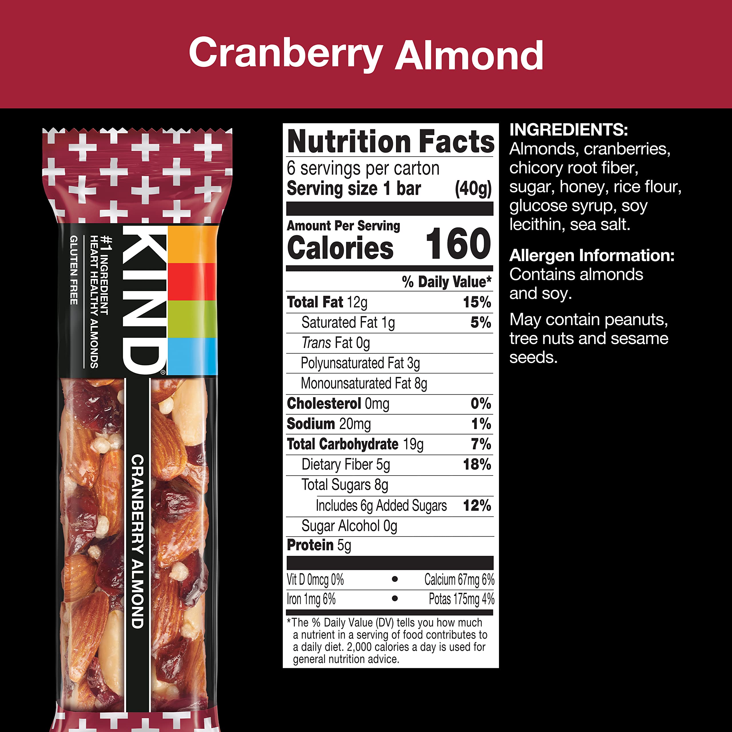 KIND Nut Bars, Cranberry Almond - Healthy Snack Bars with 5g Protein & Fiber, Gluten Free (12 Count) - Perfect for On-the-Go Breakfast, Hiking & Office Snacks
