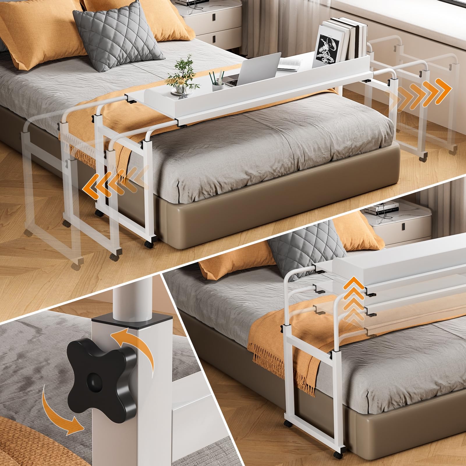 Adjustable Height Overbed Table with Wheels - Portable Rolling Desk for Laptop, Standing Workstation - Ideal for Hospital, Home Office & Bedroom Use - White Mobile Table with Raised Edge