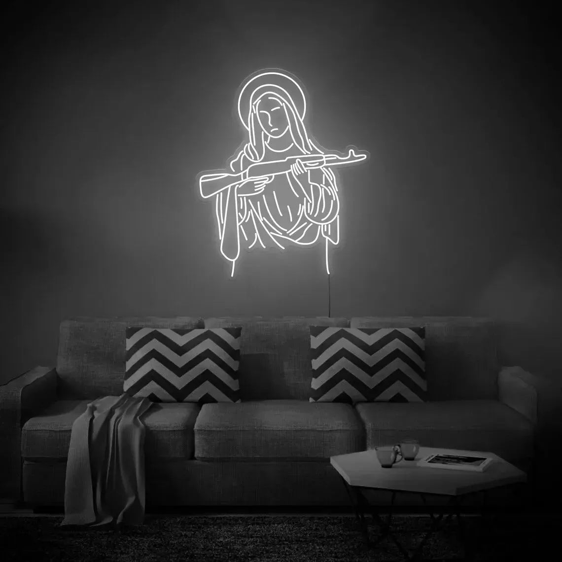 CHUANGQI Virgin Mary & AK47 Neon Sign Light - 42x47cm USB Powered Wall Art for Home, Bar, Party & Club Decor - Unique Blessed Gift for Christmas & Birthday