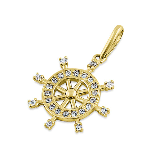14K Solid Yellow Gold Ship's Wheel CZ Pendant Necklace - Nautical Jewelry for Women, Perfect Gift for Sailors & Beach Lovers