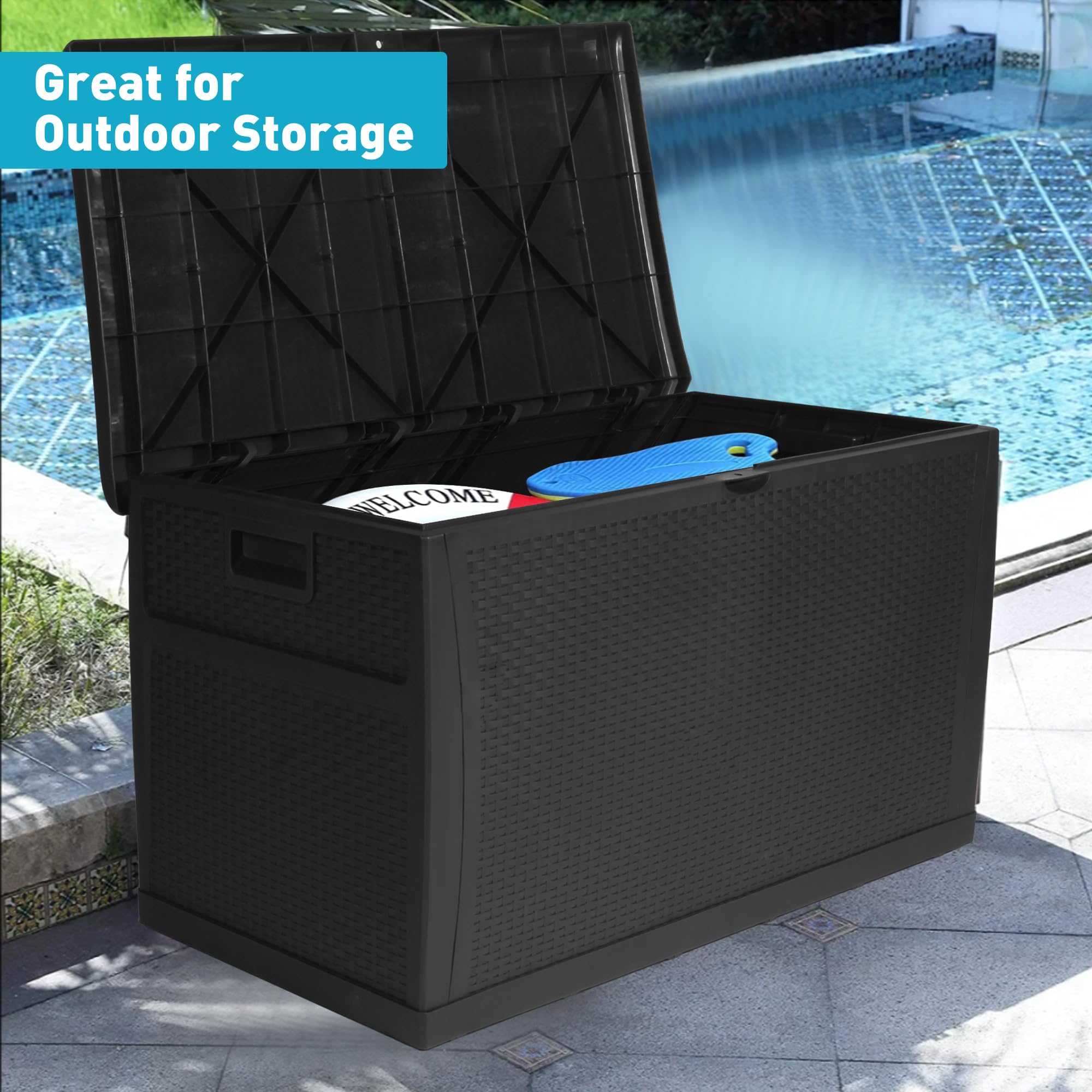 LUCKYERMORE 120 Gallon Large Outdoor Deck Box - Waterproof, Lockable Storage Container for Patio, Garden & Backyard - Heavy-Duty Resin Rattan Design - Perfect for Cushions, Toys & Pool Accessories