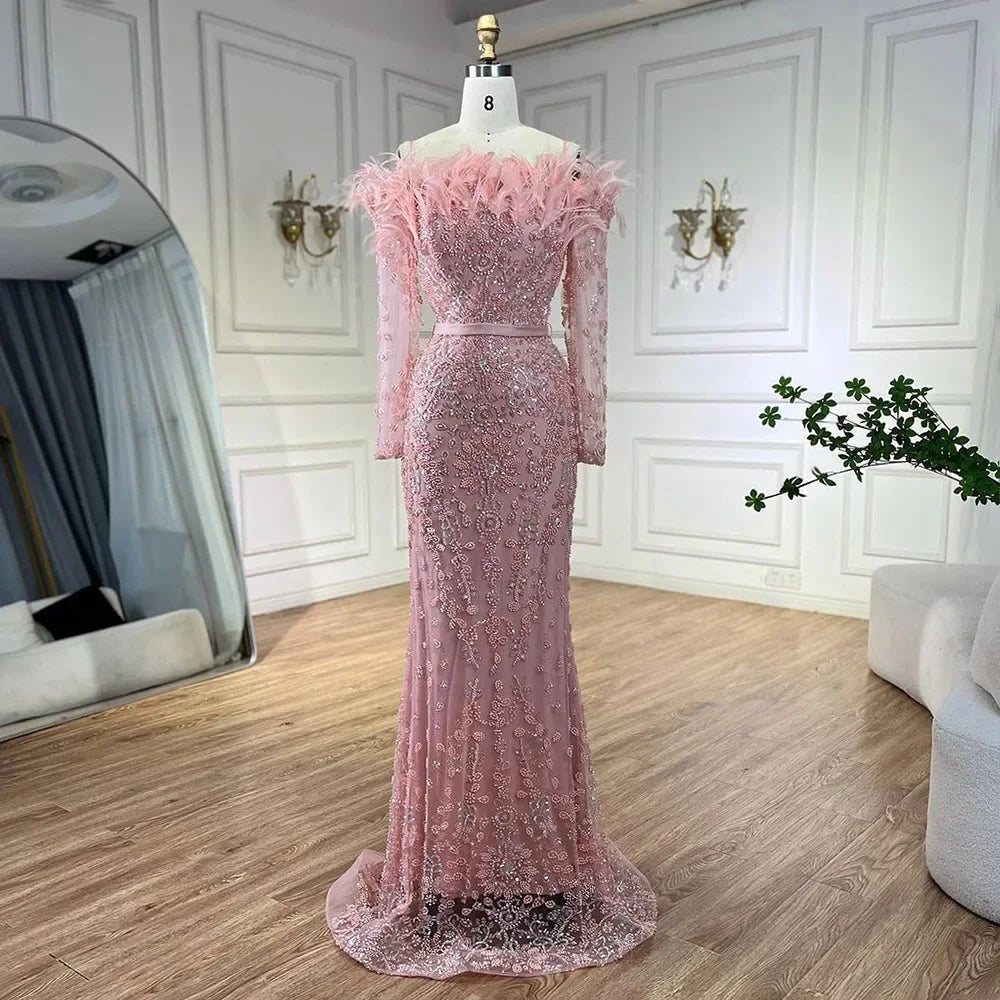 Luxury Dubai Green Boat Neck Mermaid Evening Dress with Elegant Feathers & Beading for Women - Perfect for Weddings, Parties & Special Occasions