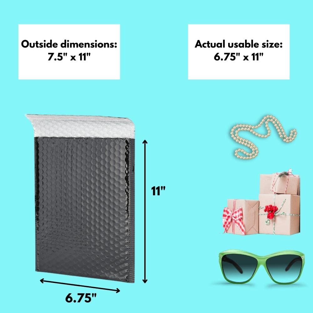 250 Glamour Black Metallic Bubble Mailers - 7.5x11 Inch Self-Sealing Padded Envelopes for Shipping, Bright & Shiny Exterior | Perfect for Ecommerce, Jewelry, Cosmetics & Small Business Packaging