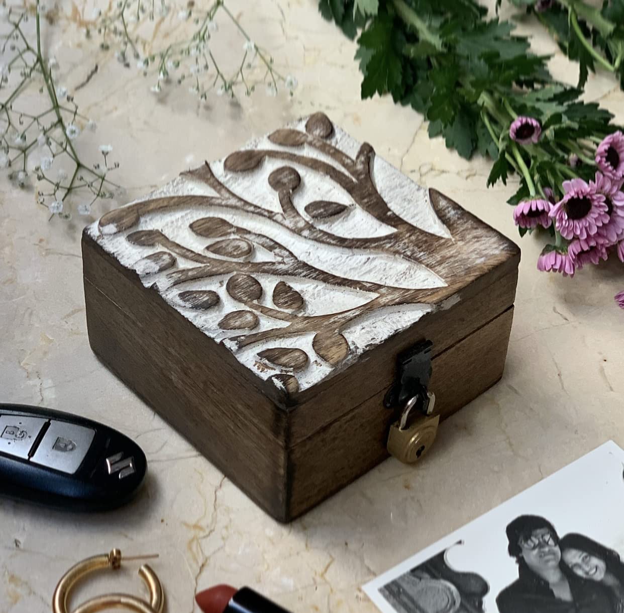Handmade Wooden Jewelry Box with Tree of Life Carving - Lockable Keepsake Storage Box with Key, Jewelry Organizer & Watch Box - Perfect Birthday Gift, Anniversary Present & Home Decor Treasure Chest
