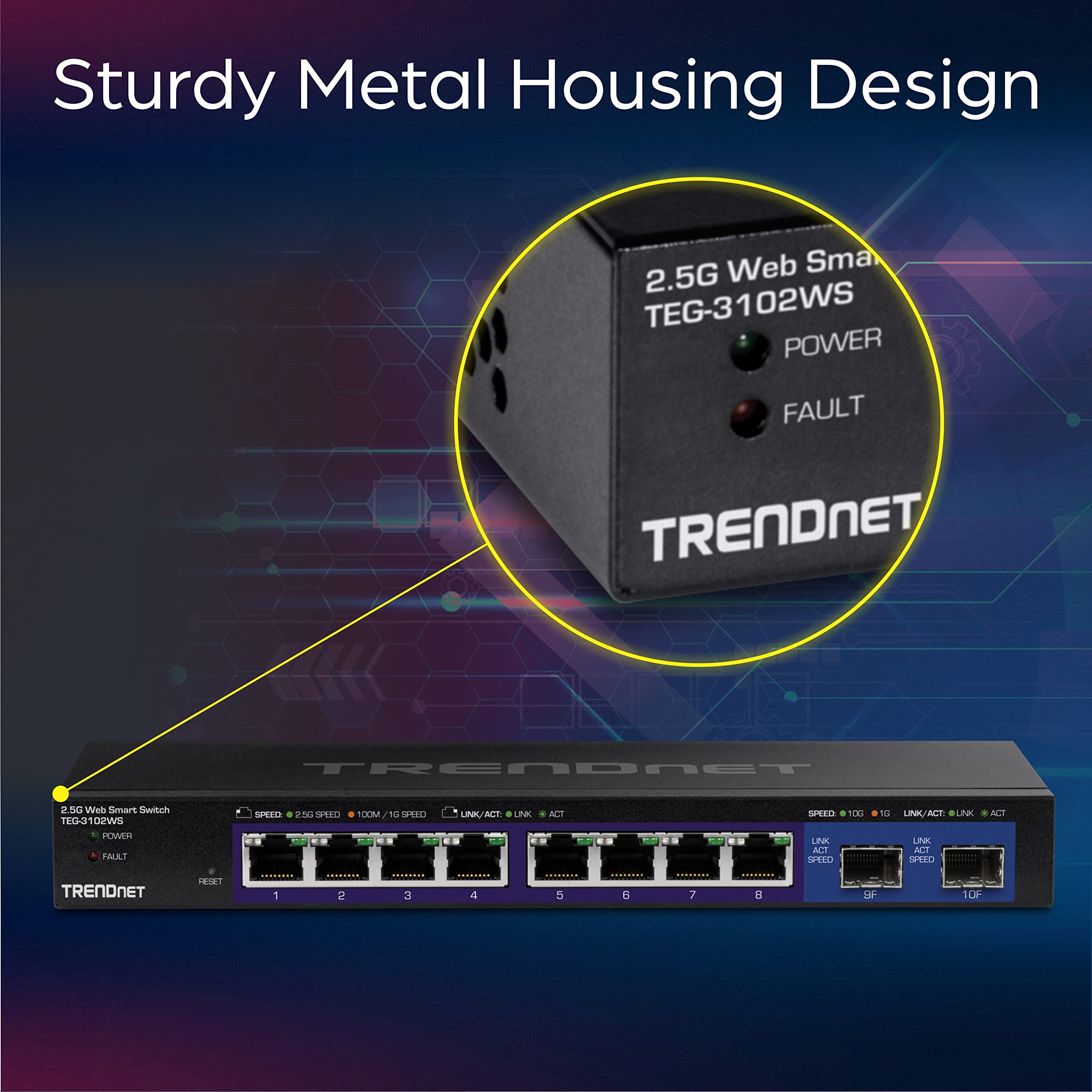 TRENDnet TEG-3102WS 10-Port Multi-Gig Web Smart Switch with 8 x 2.5G Ethernet Ports & 2 x 10G SFP+ Slots - Metal Housing Managed Network Switch for Home Office & Business - Lifetime Warranty (Black) - Ideal for High-Speed Networking, Data Centers & Smart Home Setups