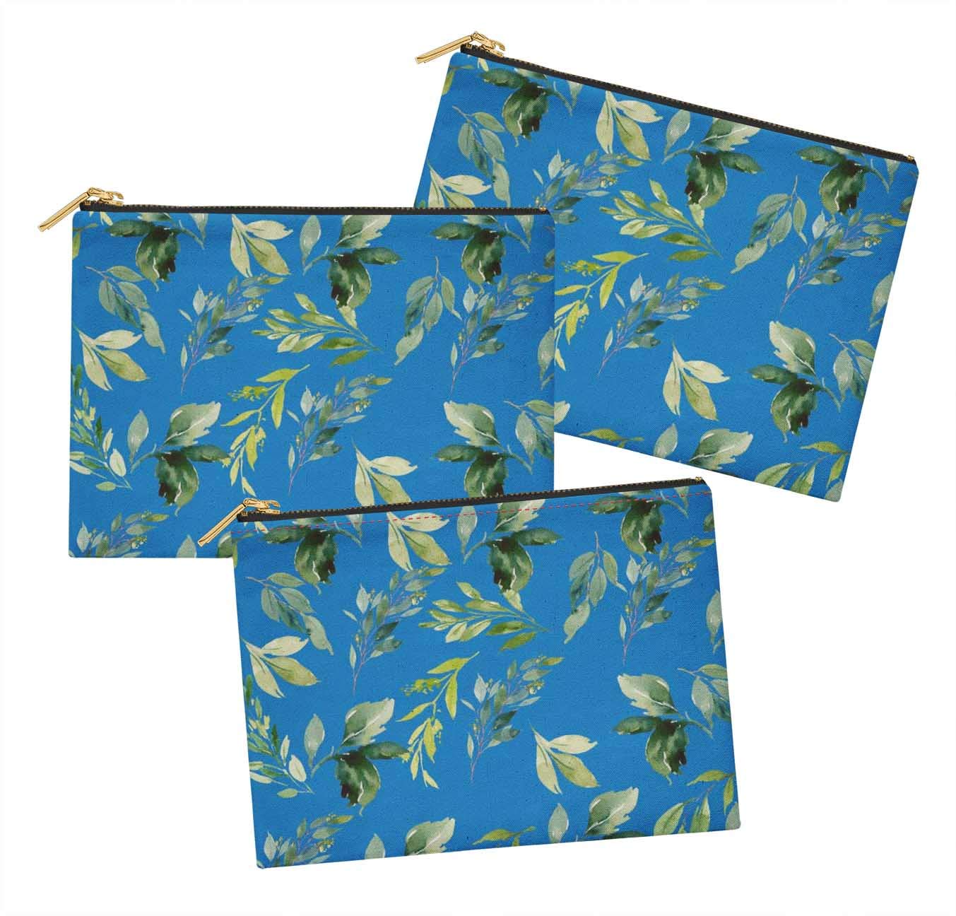 S4Sassy Blue Flower Leaves Printed Cosmetic Bag Set of 3 - 6 x 8 Inch Makeup Pouch, Coin Purse & Toiletry Organizer - Perfect for Travel, Gym & Daily Essentials Storage