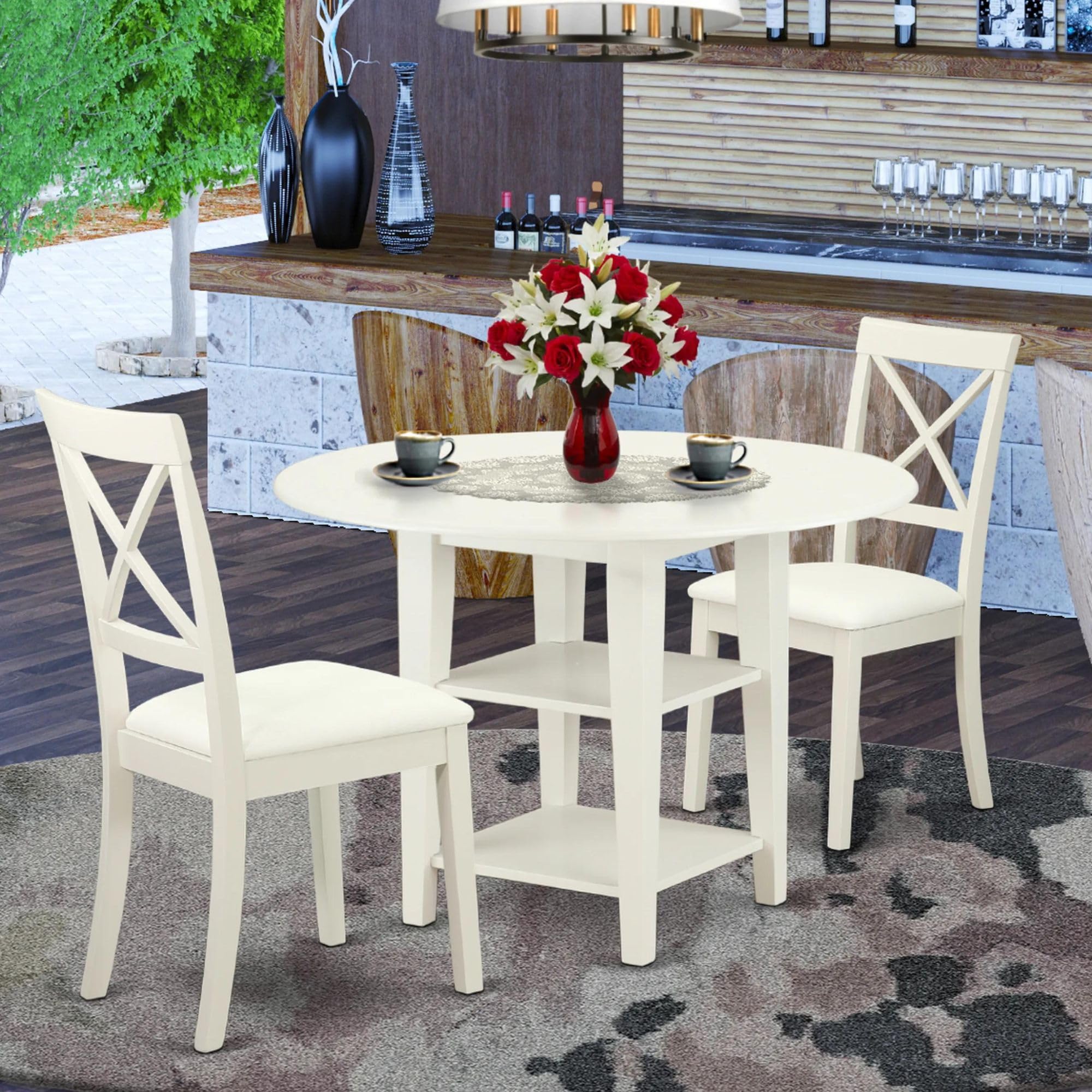 East West Furniture SUBO3-LWH-LC 3-Piece Round Dining Set with Drop Leaf Table & 2 Faux Leather Chairs, 42x42 Inch, Linen White – Perfect for Small Spaces, Breakfast Nooks & Cozy Apartments