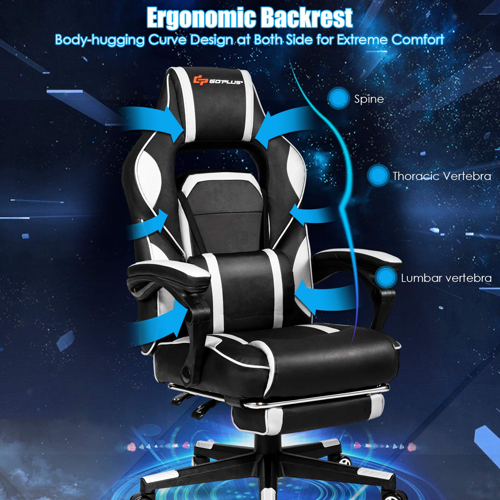 Premium POWERSTONE Gaming Chair - Adjustable High Back Ergonomic Computer Chair with Footrest, Lumbar Support & Massage Headrest | Thick Padded Armrests, 360° Swivel & Rolling Wheels | White Office/Home Gaming Desk Chair for PC & Console Gamers