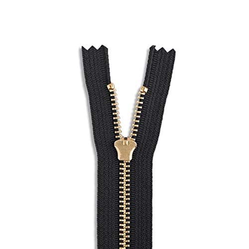 7 Inch Heavy Duty Metal Zipper - Black & Gold Brass Non-Separating Sewing Zipper for DIY Crafts, Leather Projects, Bags & Outdoor Gear