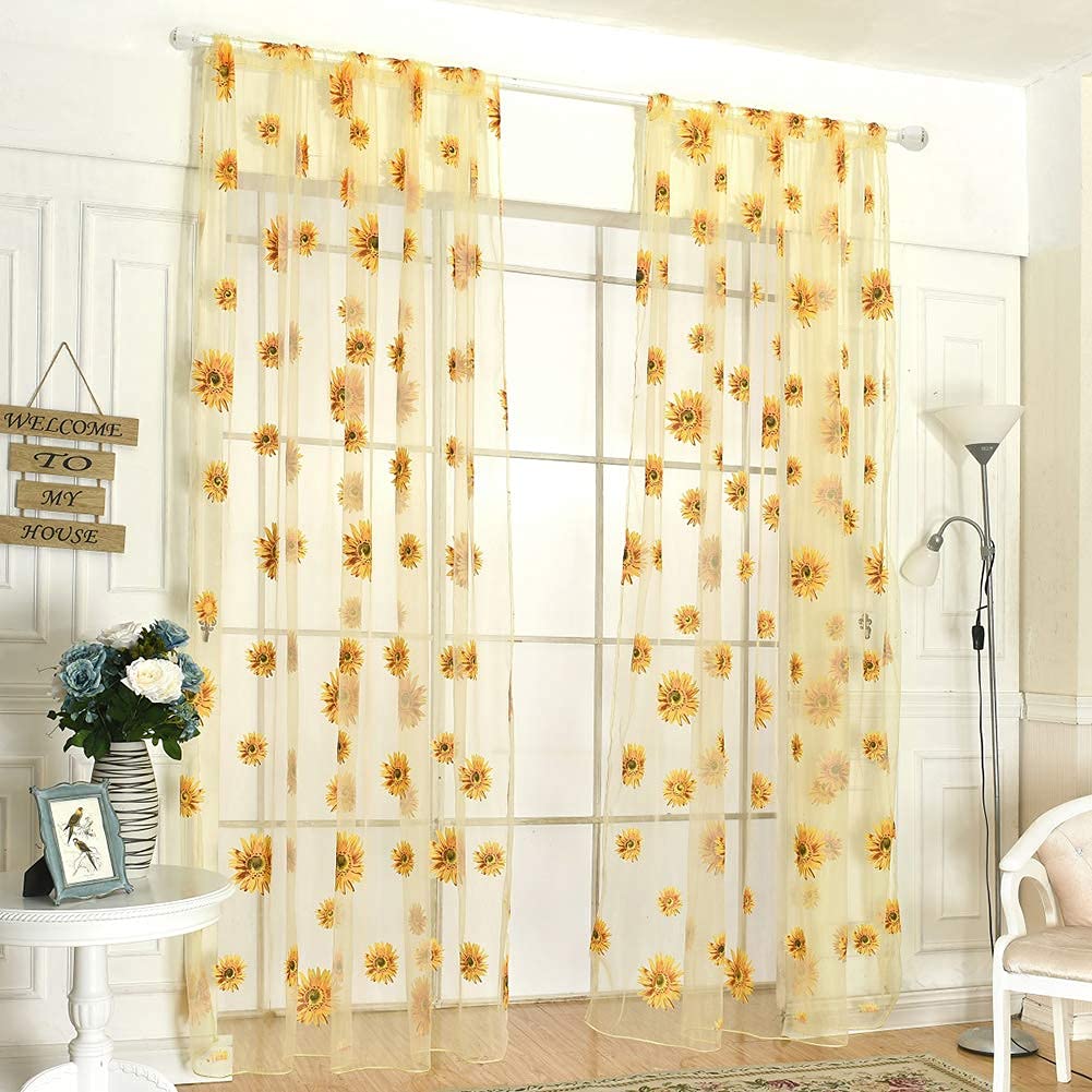 Sunflower Printed Voile Sheer Curtain Panels for Bedroom & Living Room - Yellow Sunflower Window Drapes for Small Windows, Door Decor & Room Dividers - Light Filtering Scarf Curtains for Home Decor & Nursery