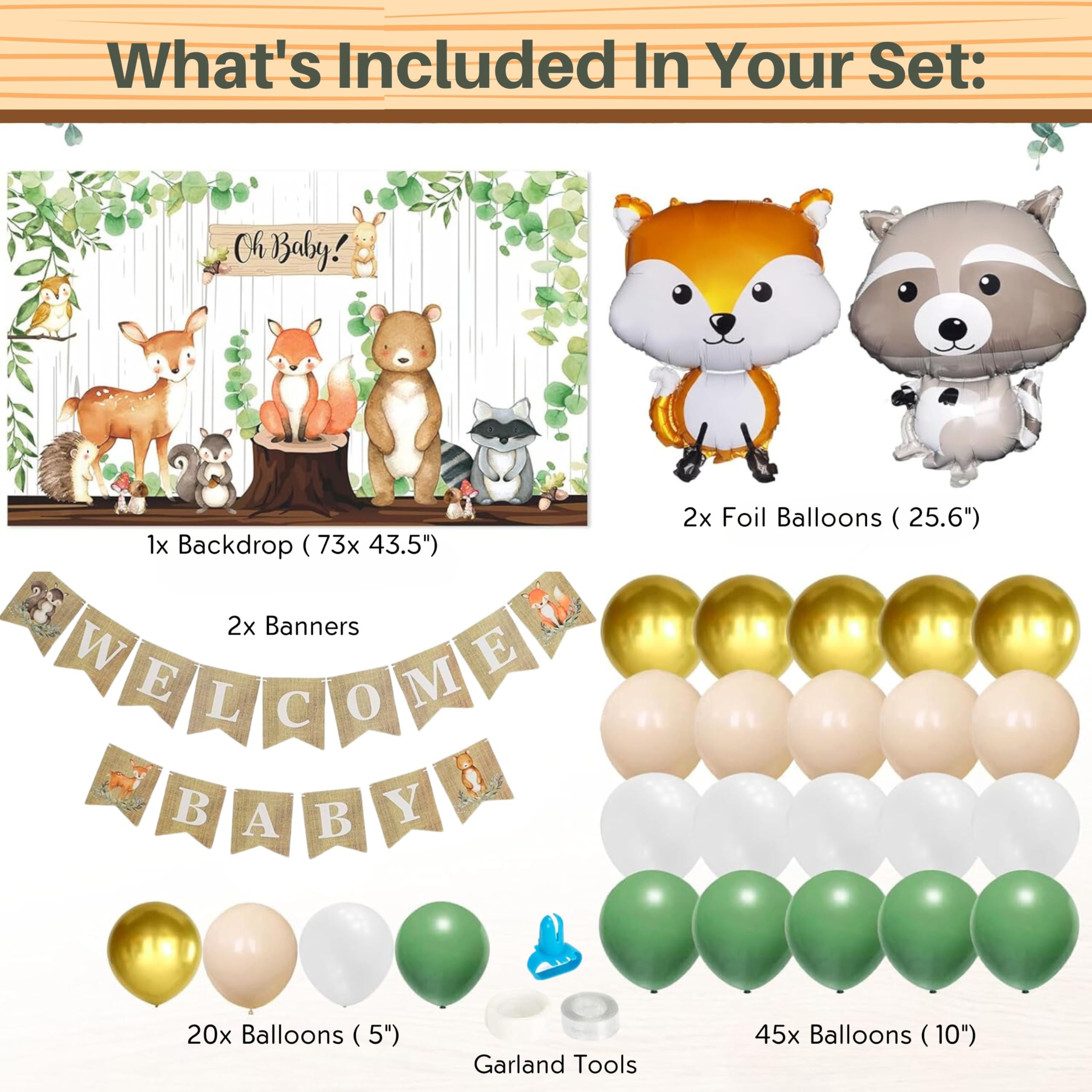257-Piece Woodland Baby Shower Decorations Kit for Boys & Girls - Forest Animal Theme Gender Neutral Party Supplies with Backdrop, Banner, Balloon Garland, Tableware for 20 Guests | Perfect for Baby Showers, Nursery Decor, and First Birthday Parties