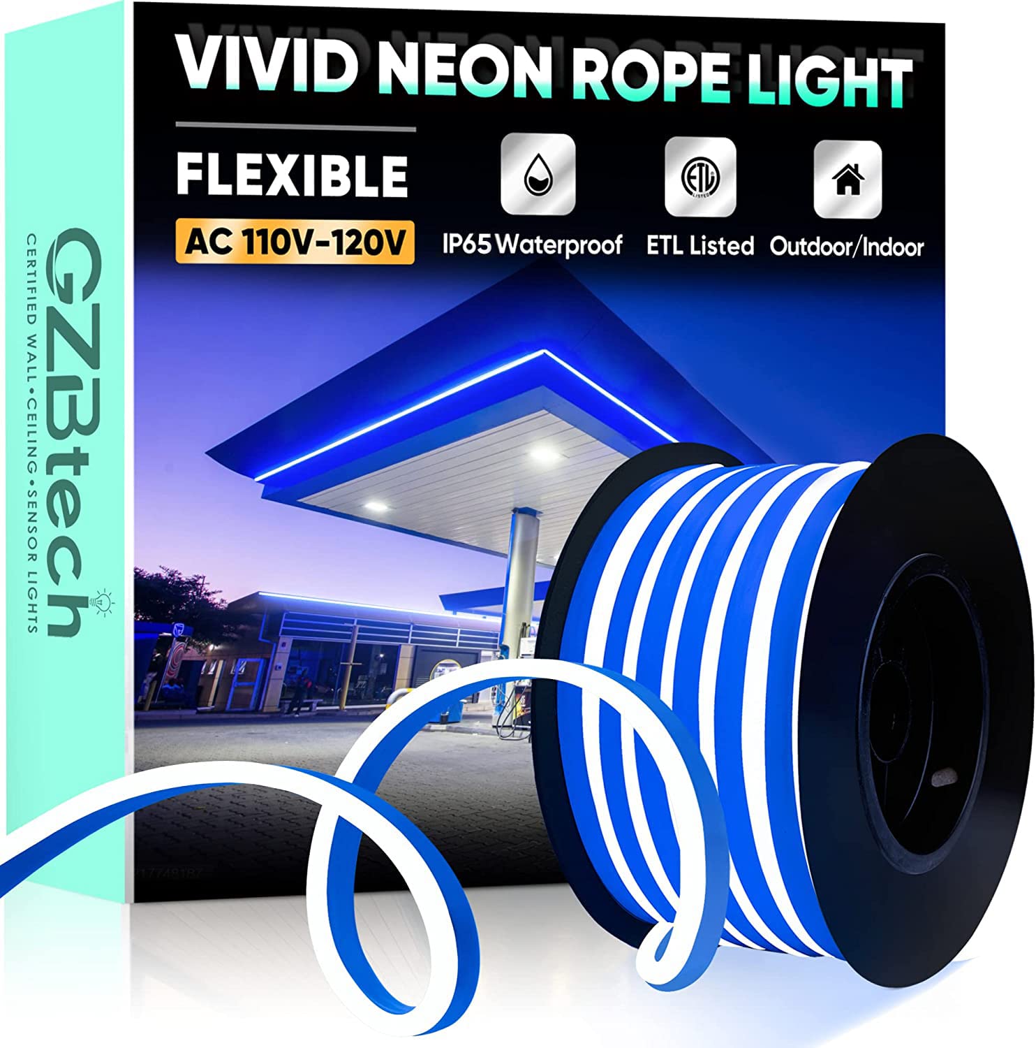 GZBtech 33FT Flexible LED Neon Rope Lights - Waterproof 120V Neon Strip Lighting with 120 LEDs/M, Cuttable & Connectable for Indoor/Outdoor Decor - Perfect for Home, Wedding, Bar, Restaurant & Commercial Signage (Blue, 10M)