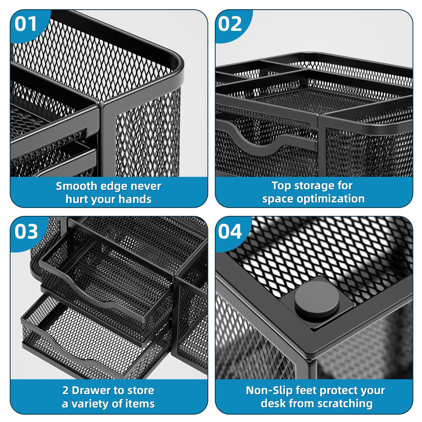 Marbrasse Mesh Desk Organizer with 2 Drawers - Multi-Functional Pen & Pencil Holder for Office, School & Home - 5 Compartments Storage for Art Supplies, Stationery & Desk Accessories (Black) - Perfect for Workspace Organization & Decluttering