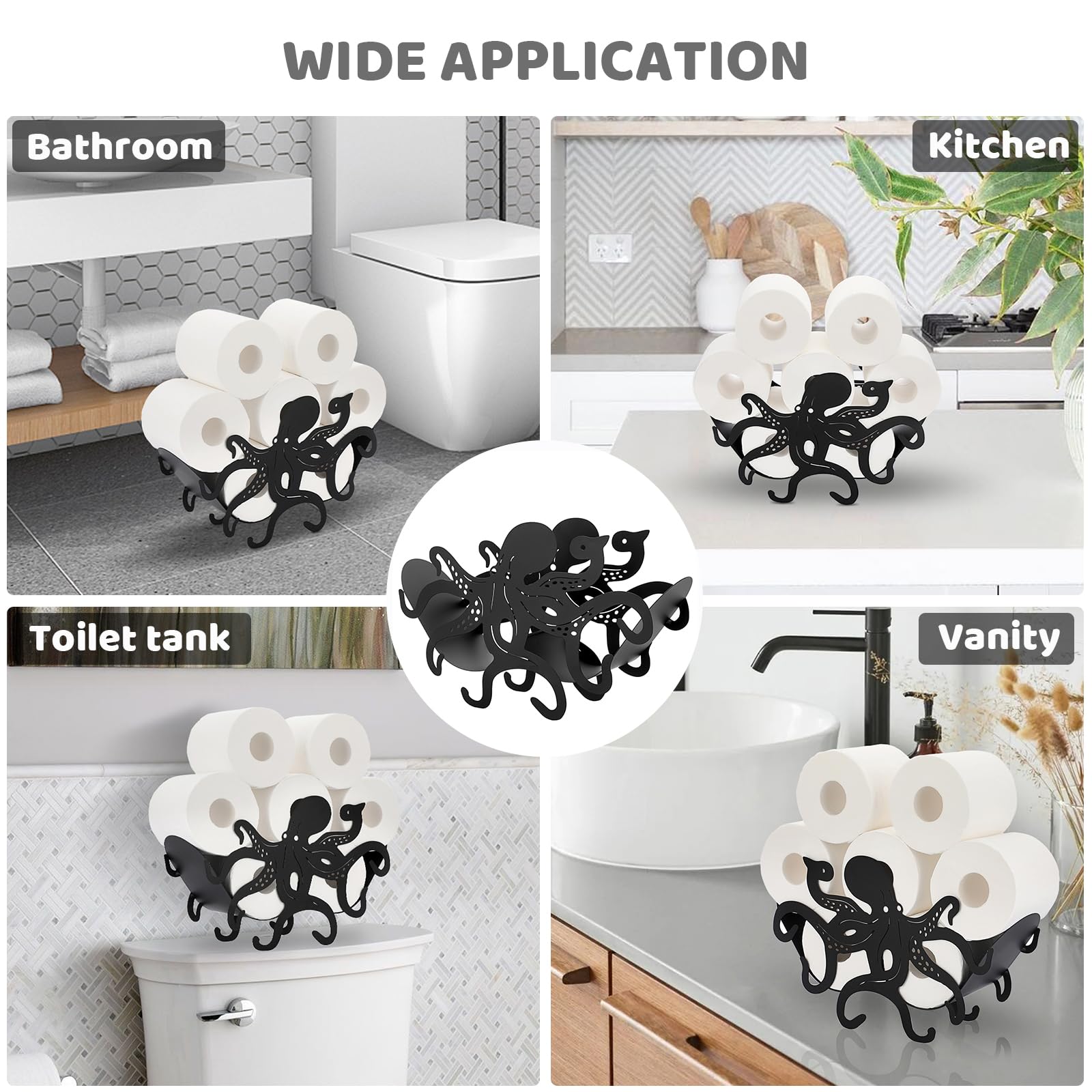 Octopus Toilet Paper Holder - Freestanding Metal Bathroom Tissue Roll Organizer for Shelf, Table, Counter & Floor | Whimsical Home Decor for Bathroom, RV & Office Use