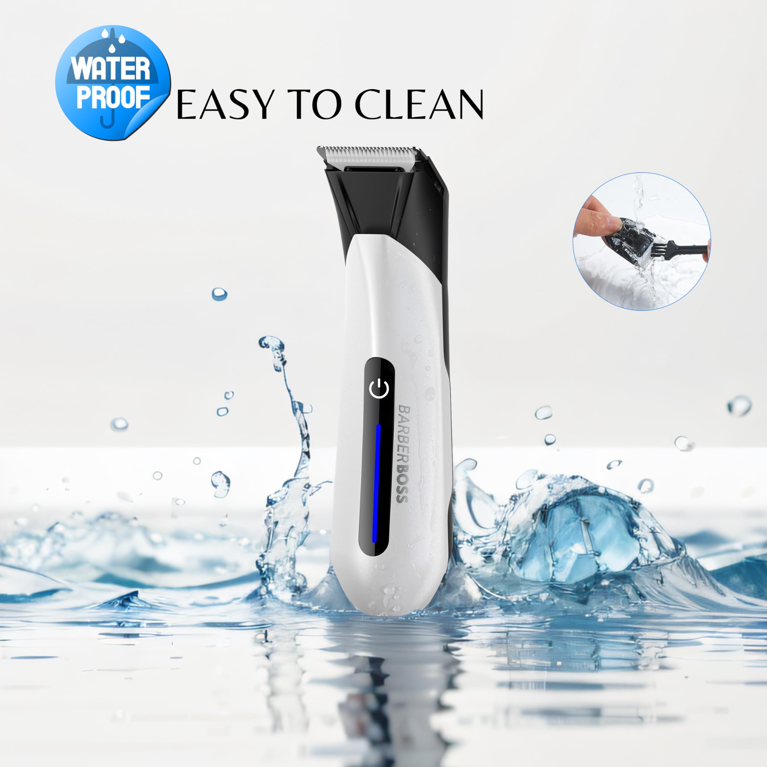 BarberBoss QR-2073 Men's Body Groomer & Ball Shaver - Electric Pubic Hair Trimmer for Groin, Chest & Body - Waterproof Manscaping Trimmer for Smooth Shaving at Home or Gym - White