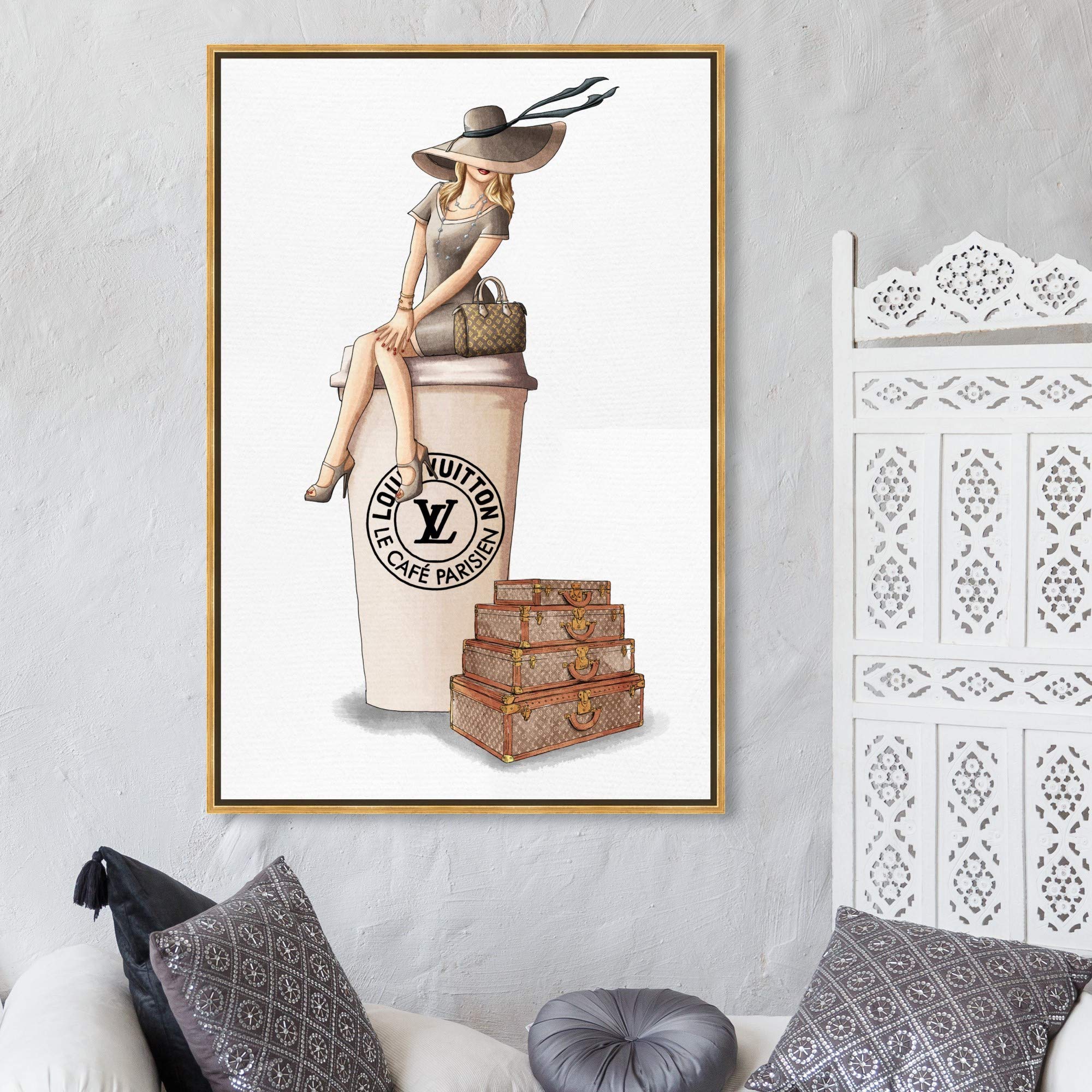 Oliver Gal Artist Co. 'Cafe au Lait Paris' Fashion Wall Art Print - 30x45 Inch Brown Framed Canvas - Handbag & Glam Decor for Living Room, Bedroom, Office