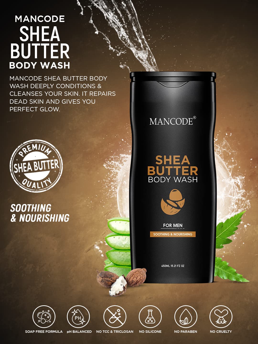 Mancode Shea Butter Body Wash for Men - 450ml Moisturizing Shower Gel with Natural Oils & Shea Butter | Oil Control & Odor Protection | Face & Body Cleanser | Perfect for Gym, Travel & Daily Use (Pack of 1)