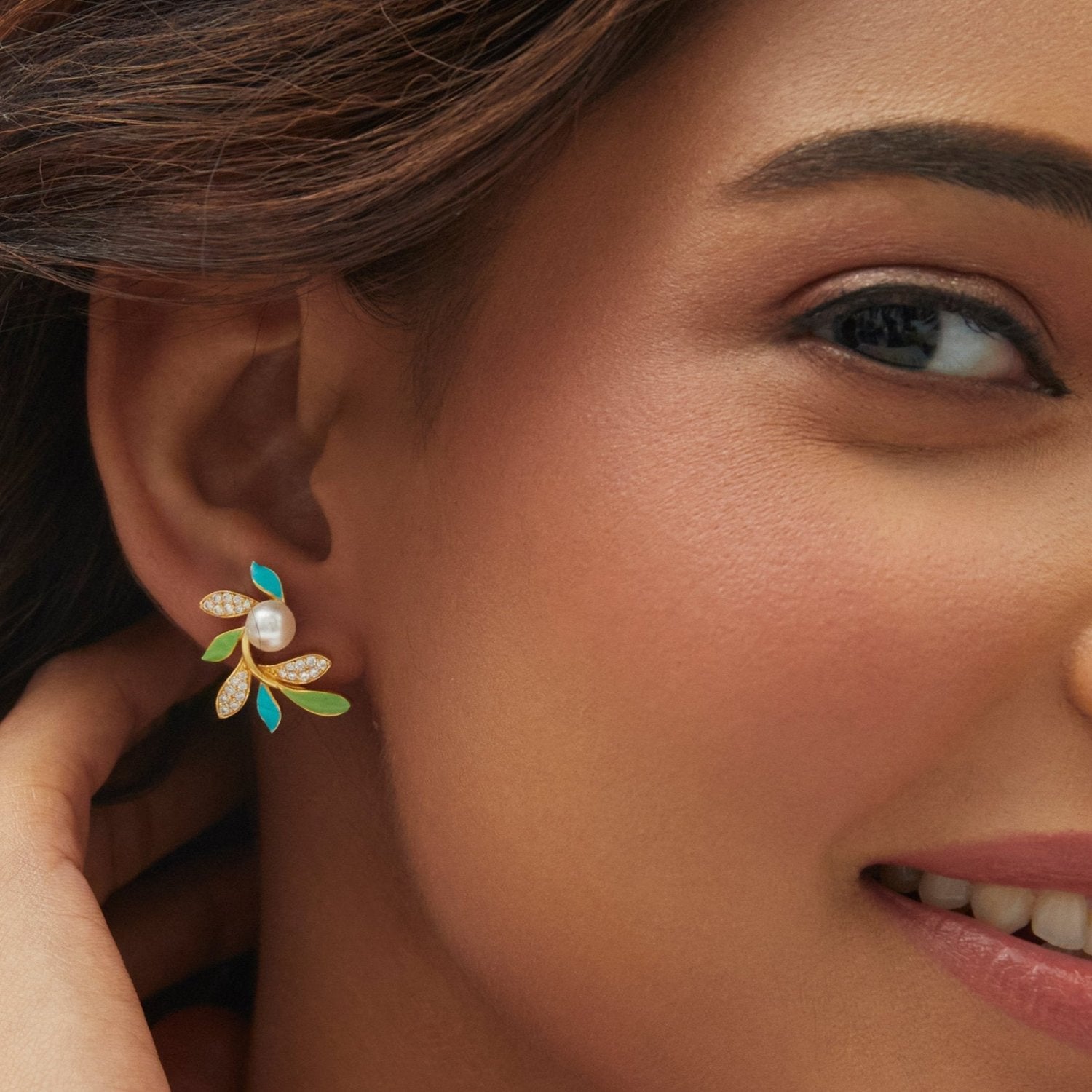 Eriha Pearl & CZ Green Leaf Stud Earrings for Women - Elegant Fashion Jewelry for Daily Wear, Parties & Gifts