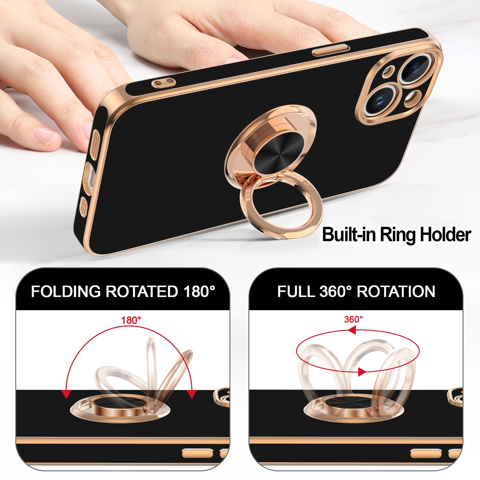 Premium Magnetic iPhone 15 Case with 360° Rotatable Ring Stand - Rose Gold Plated Luxury Protective Cover for iPhone 15 6.1