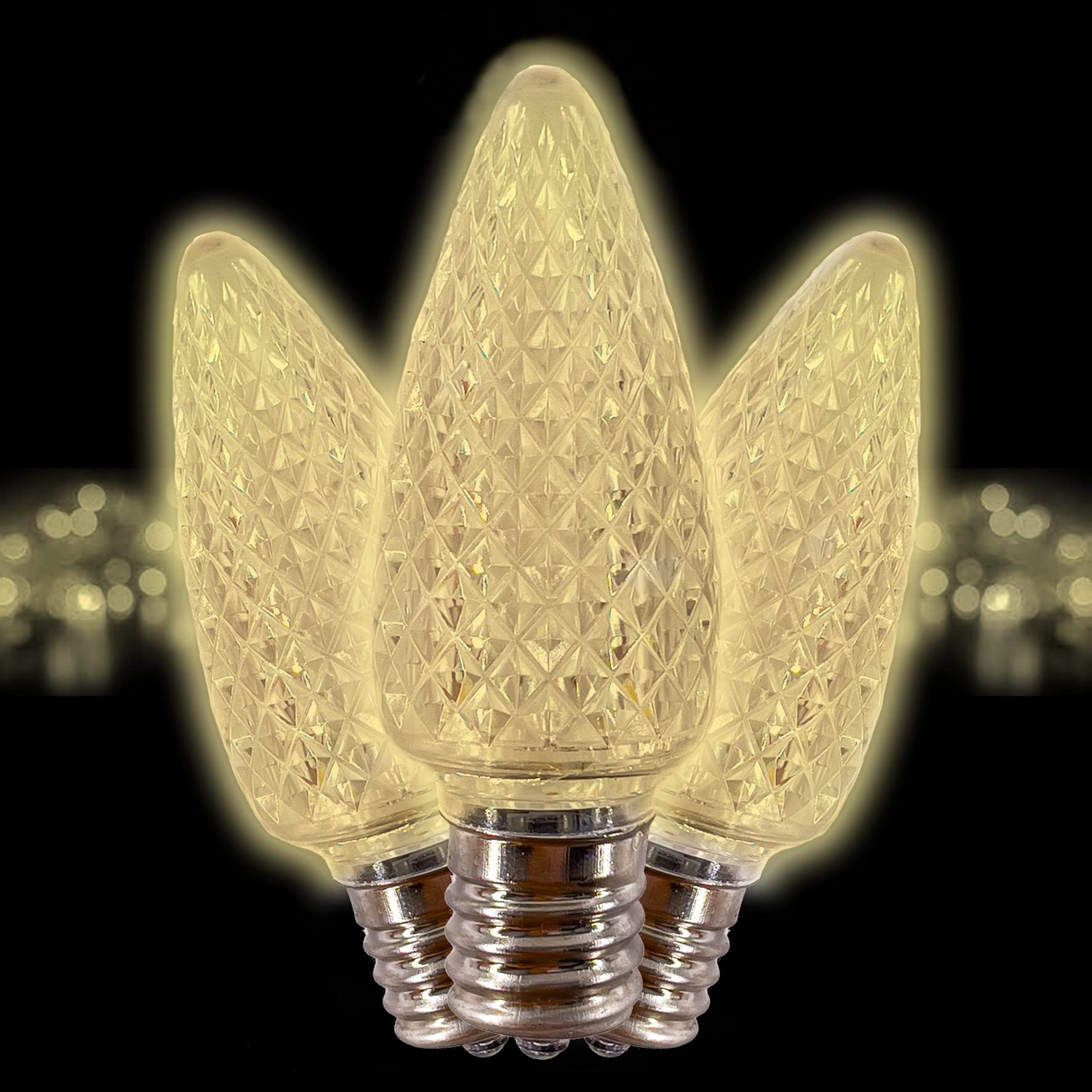 C9 LED Christmas Lights Bulbs - 25 Pack Warm White Faceted Candle Shape E17 Base Replacement Bulbs for Indoor/Outdoor Holiday Decorations, Roof Lights, and Commercial Displays
