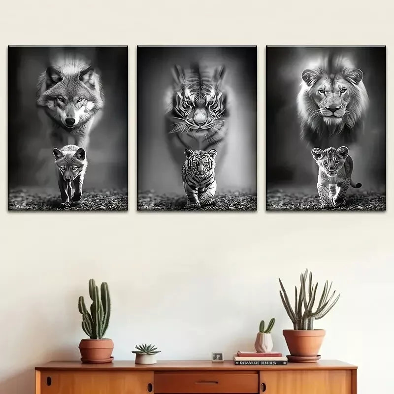 3-Piece Black & White Wildlife Wall Art Set - Wolf, Tiger & Lion Canvas Framed Prints (40x60cm) | High-Quality Australian Made Ready-to-Hang Decor for Living Room, Bedroom & Office