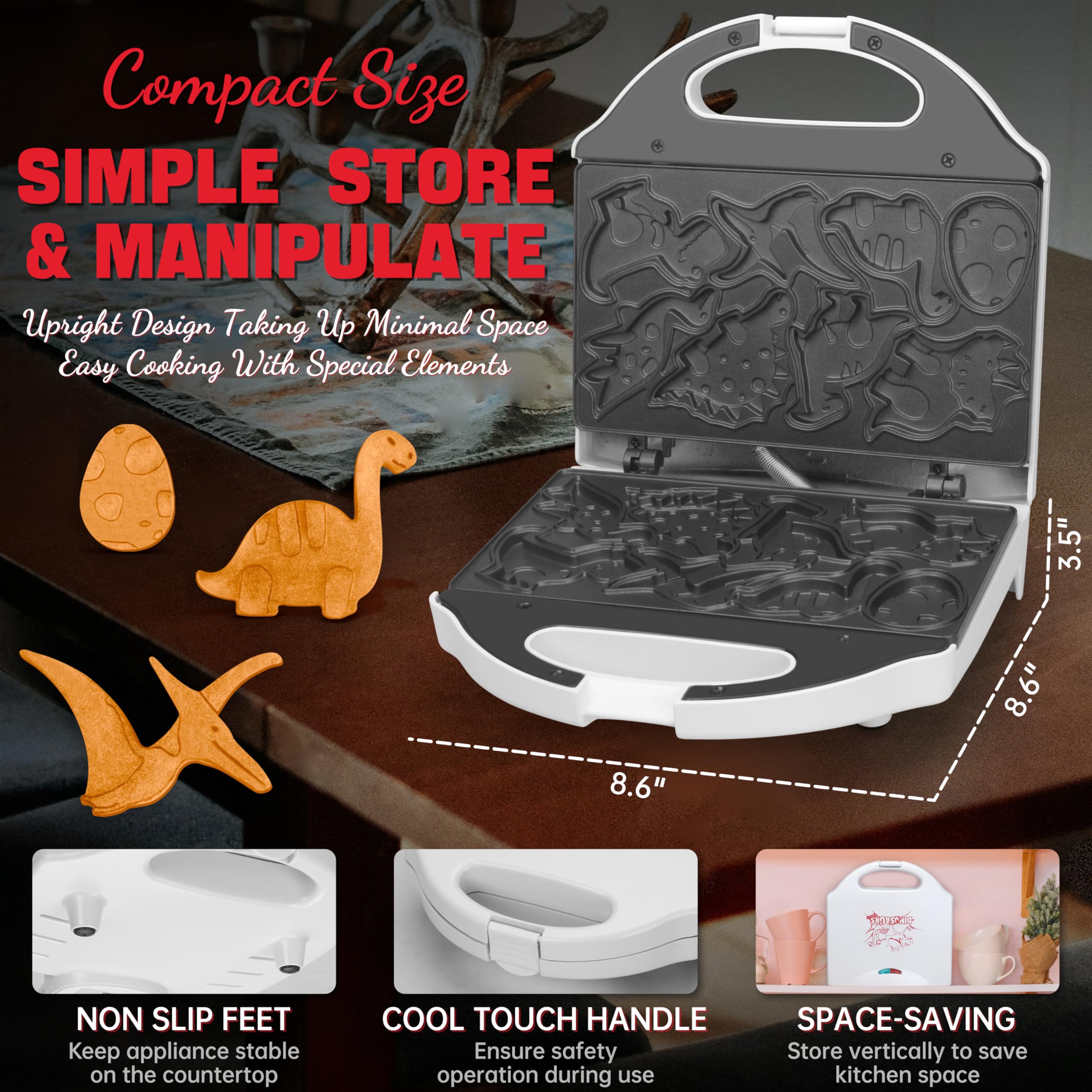 Dinosaur Mini Waffle Maker for Kids - Electric Non-Stick Waffle Iron with 8 Dino Shapes | Quick & Easy Mini Pancake Maker Machine | Perfect for Halloween Breakfast, Birthday Parties & Family Fun