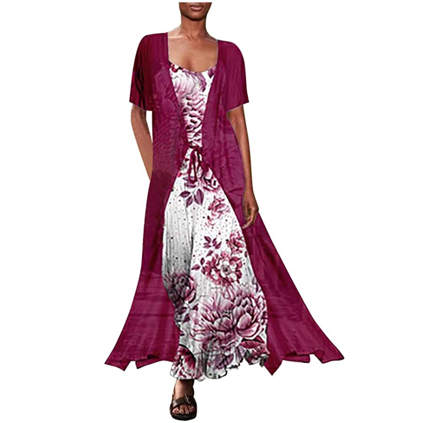 Women's Summer Dresses - Flowy Vintage Floral Print Two-Piece Set, Plus Size Crewneck Sleeveless Dress for Wedding Guest, Beach Vacation & Casual Outings