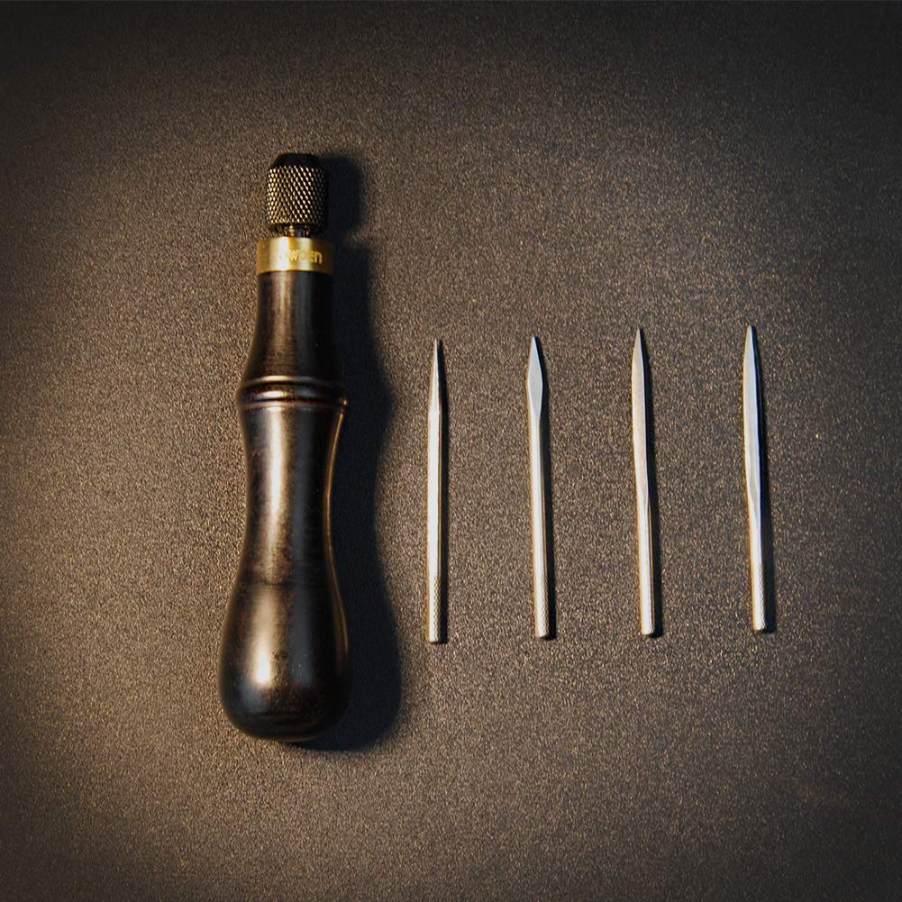 OWDEN Professional 4-in-1 Leather Craft Tool Set - Awl, Stitching Punch, Needle & Threader for DIY Leatherworking, Repair & Crafting Projects (Perfect for Belts, Wallets, Bags & Leather Accessories)