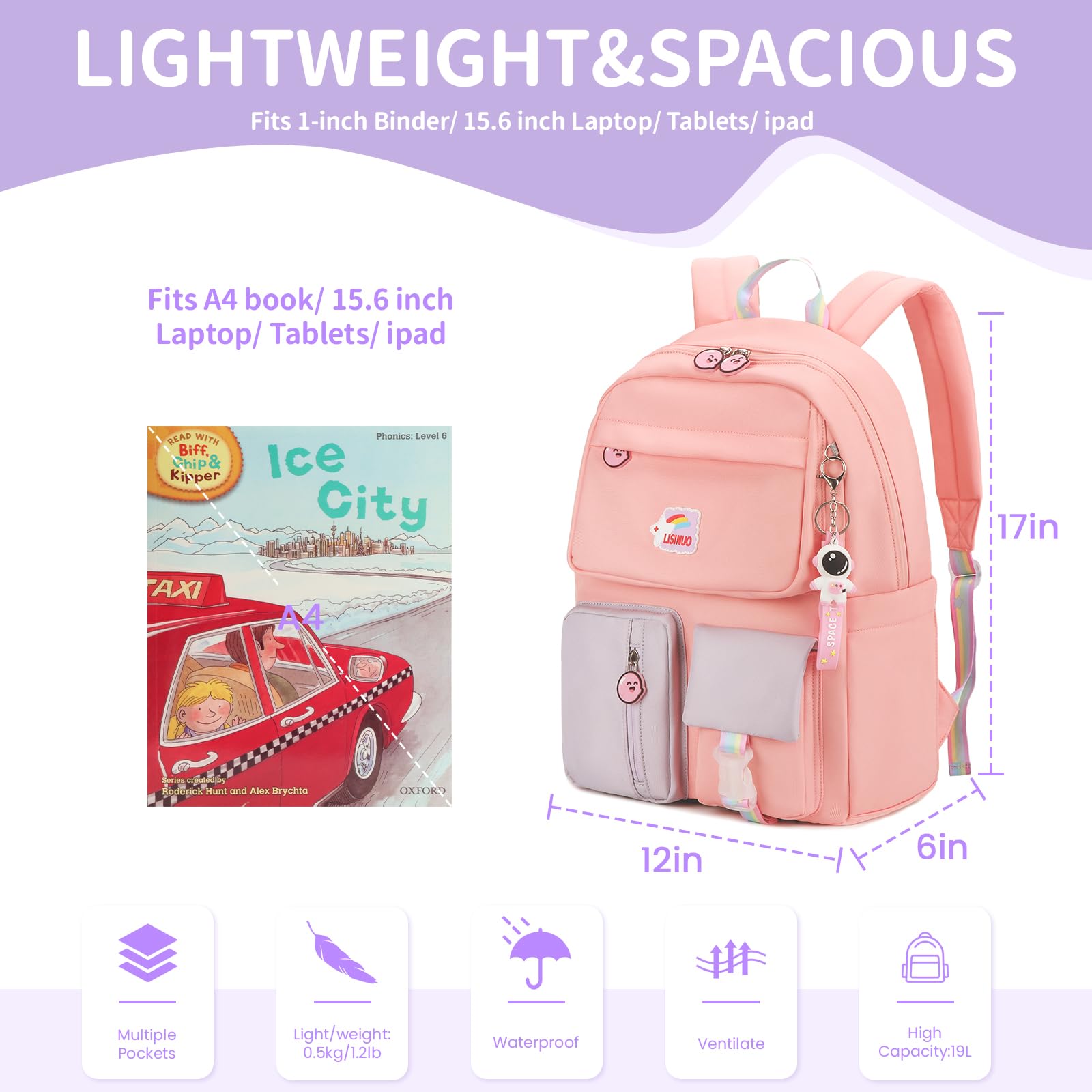 Cute Pink Backpack for Girls - School Bookbag for Teens with Free Pendant - Lightweight & Durable for School, Travel & Daily Use