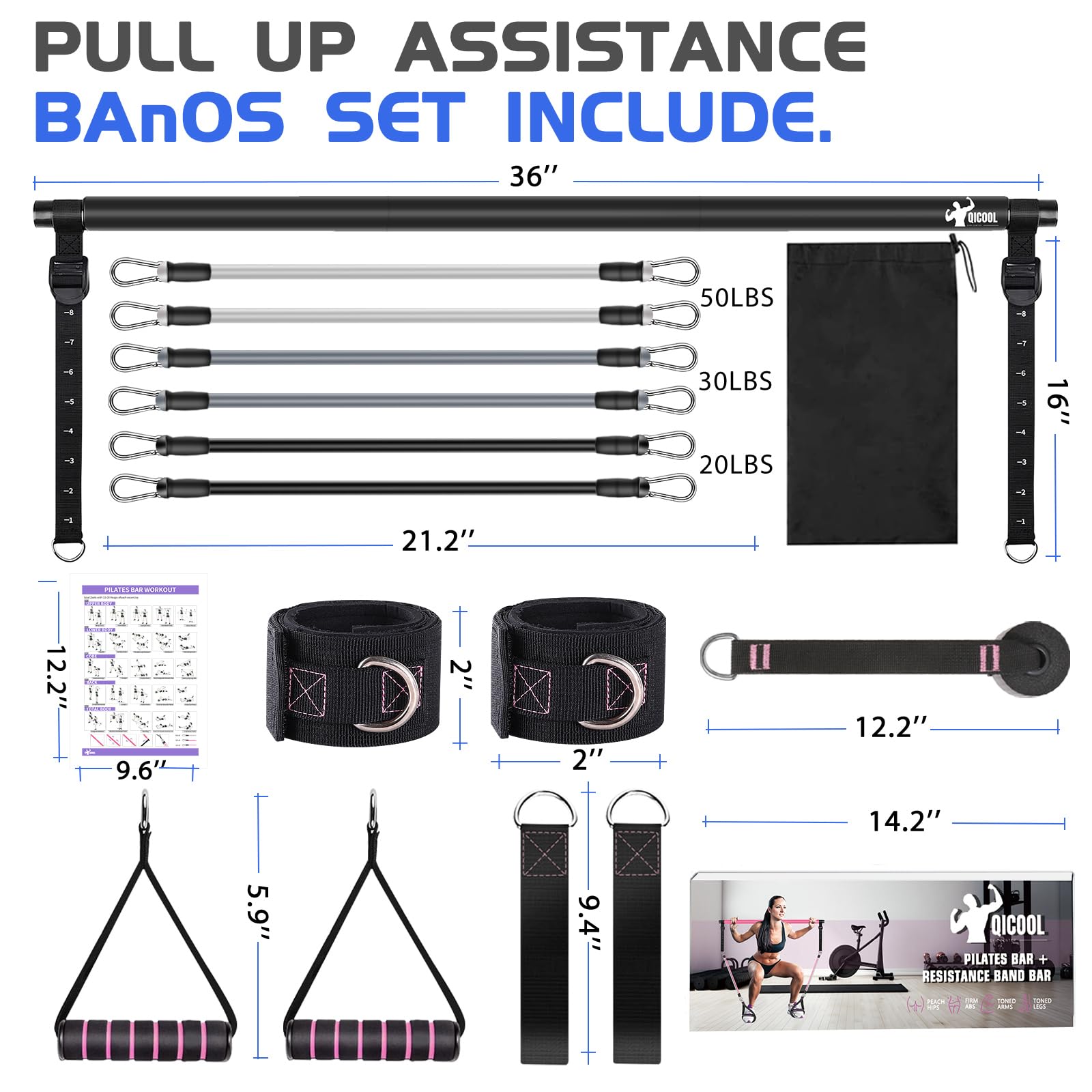 Qicool Pilates Bar Kit with Resistance Bands - Full Body Workout Equipment for Women & Men - Home Gym, Yoga & Fitness Training - Perfect for Strength Training, Toning & Stretching Exercises