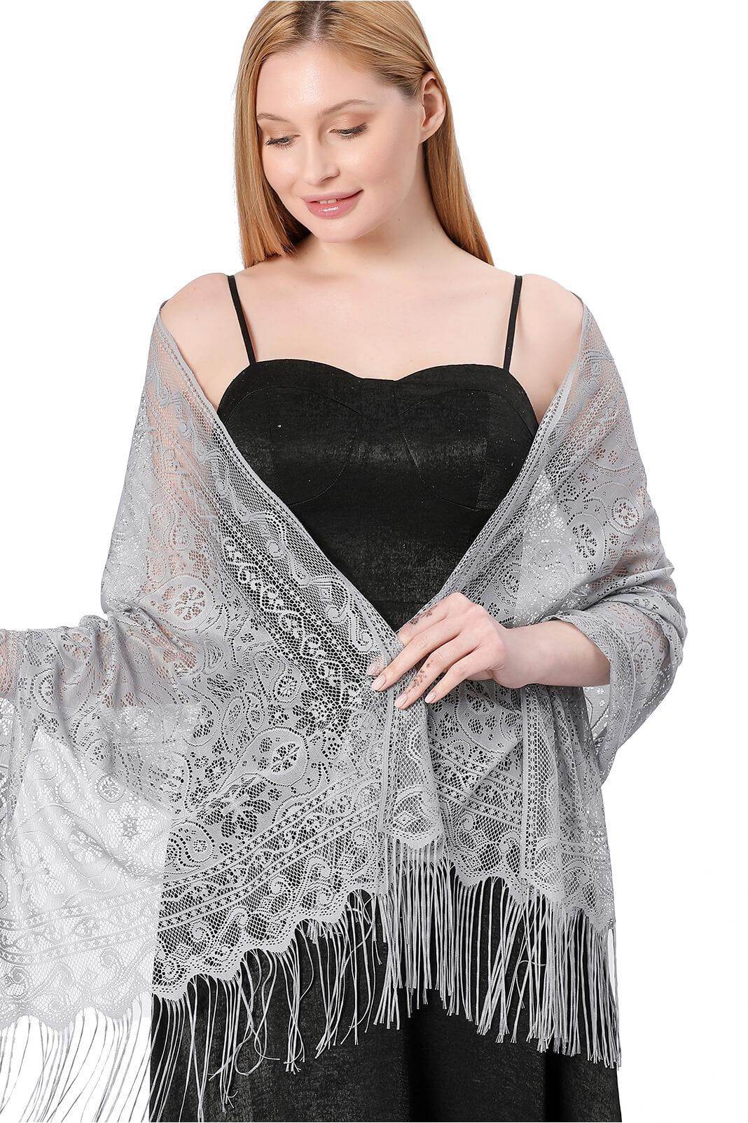 Elegant Lace Shawl with Tassels - CJ0110 - Perfect for Weddings, Parties & Evening Events