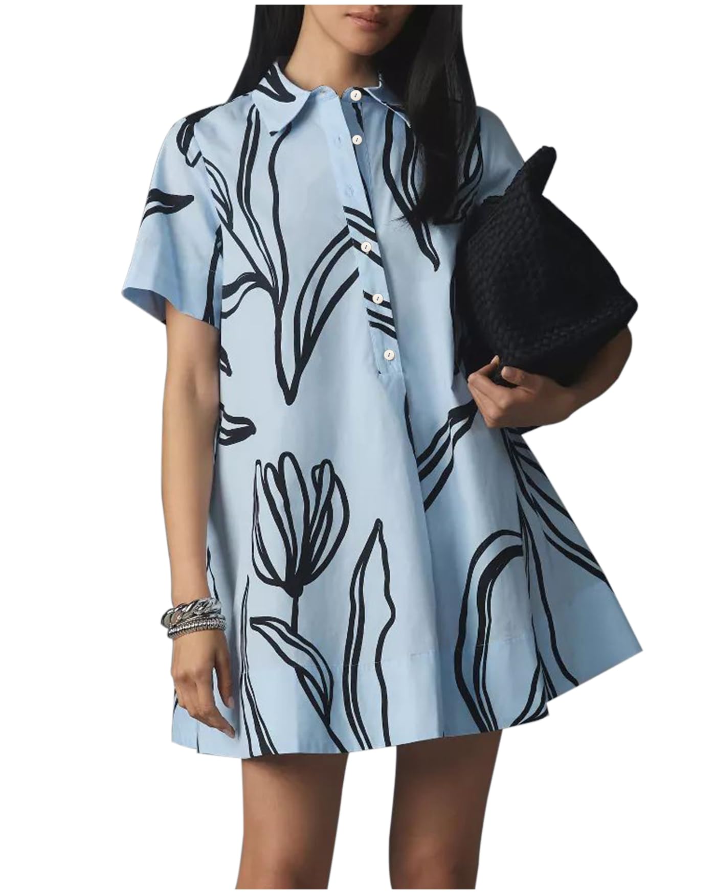 Women's Floral Short Sleeve Button Up Mini Dress - A-Line Swing Tunic with Collar | Casual Summer Outfit, Beach Cover Up, Office Wear & Date Night Dress