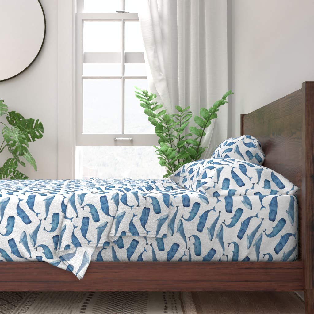 100% Cotton Twin Sheet Set - Blue Whales White Watercolor Ocean Nautical Print | Soft Breathable Bedding for Kids & Adults | Perfect for Nursery, Beach House or Coastal Themed Decor